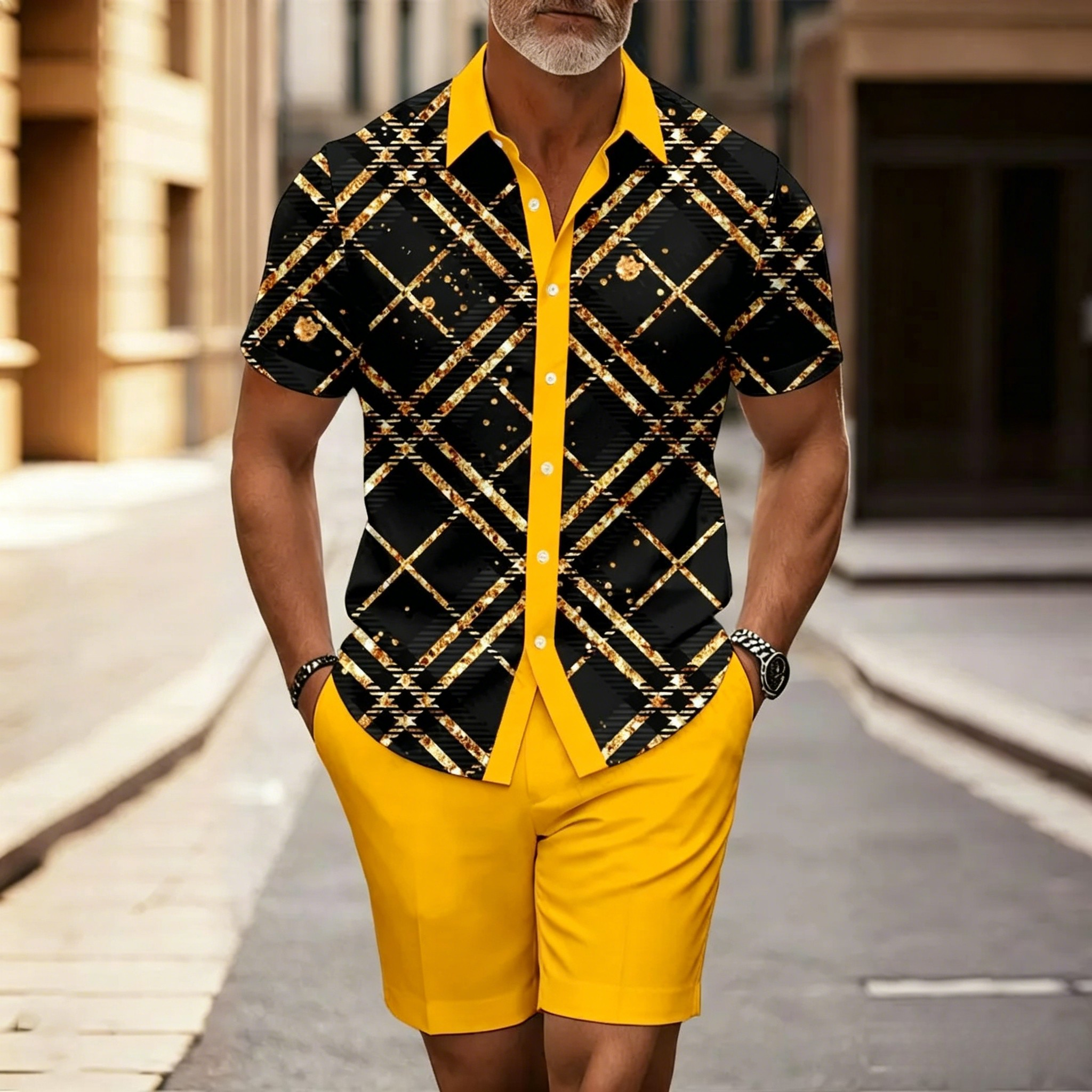 Conjunto de dos piezas casual Yellow & Black Color Matching Checkered estampado de manga corta camisa & shorts para hombre