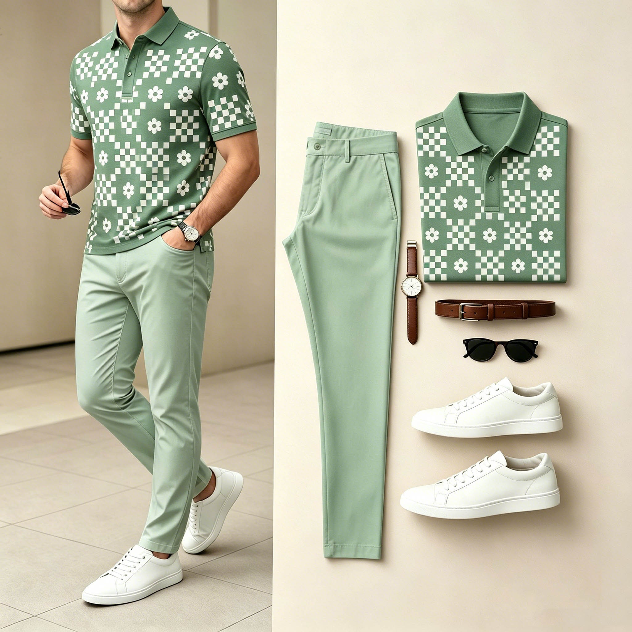 Conjunto de dos piezas casual Green & White Color Matching floral estampado de manga cortas camisa polo & pantalón para hombre