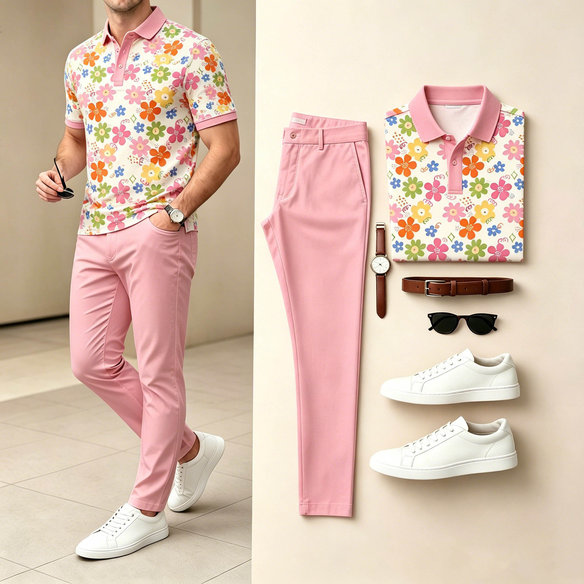 Conjunto de dos piezas casual Pink Color Matching floral estampado de manga cortas camisa polo & pantalón para hombre