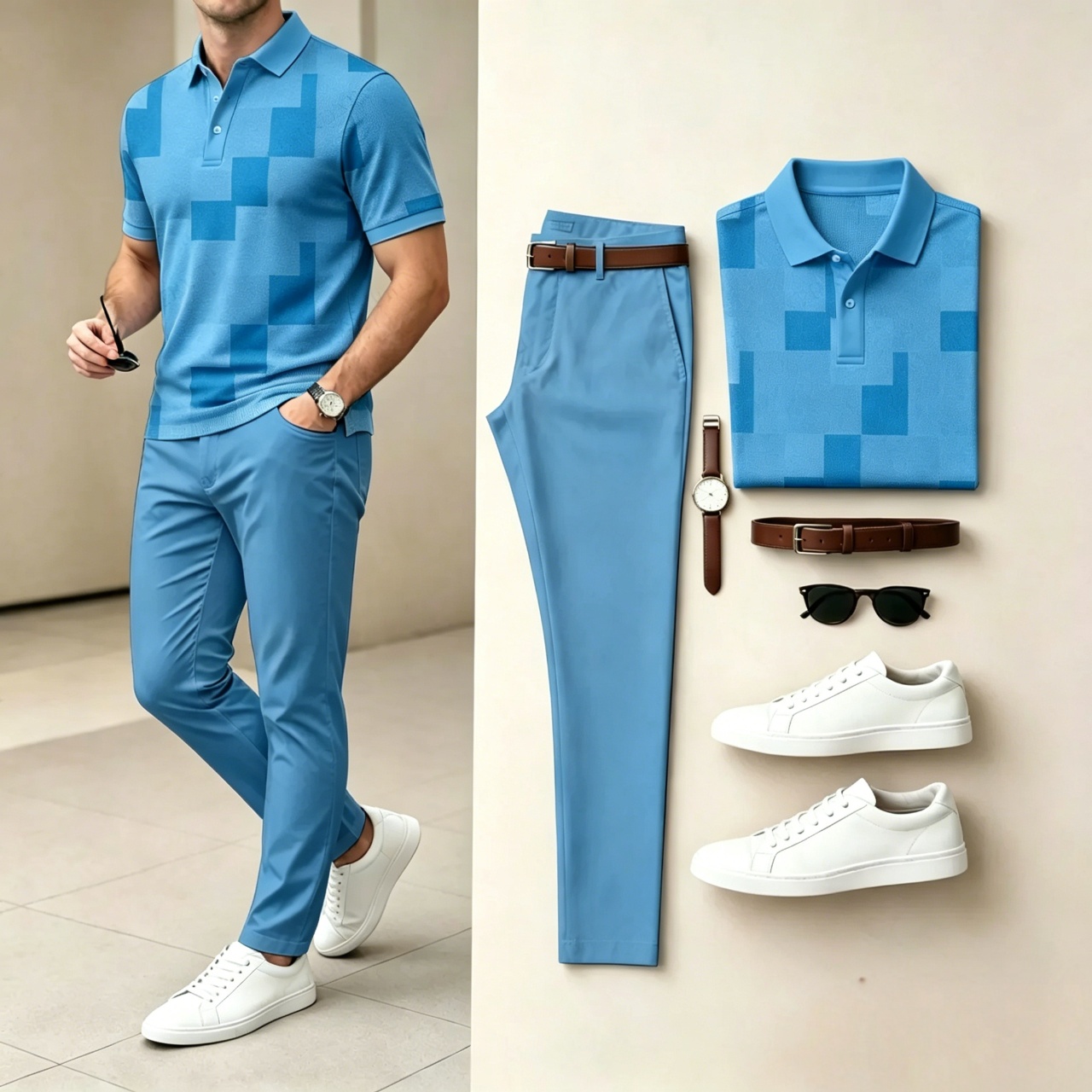Conjunto de dos piezas casual Color a cuadros estampado camisa polo And pantalón para hombre