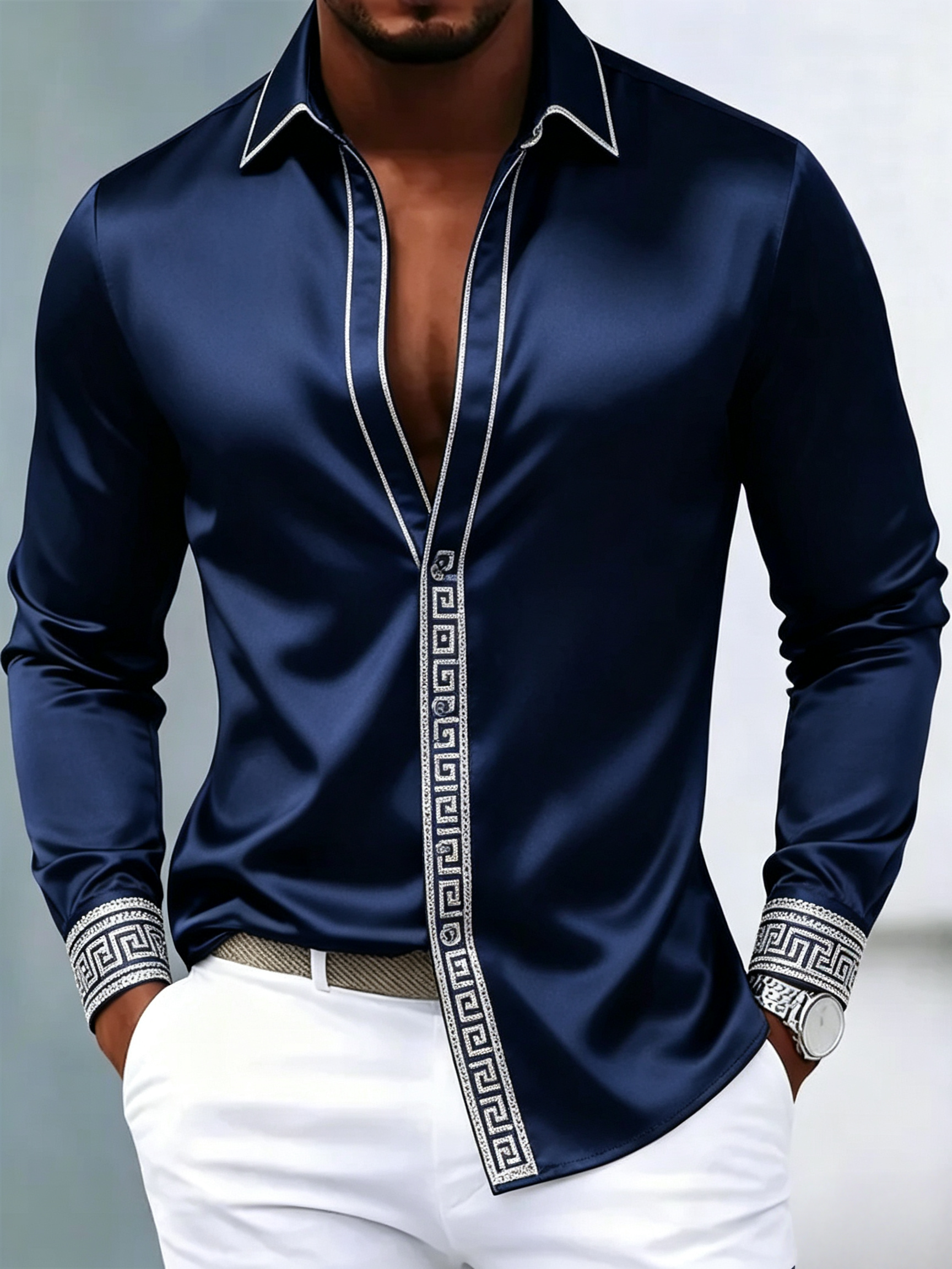 Camisa Navy Satin de manga larga Silver Greek Trim para hombre