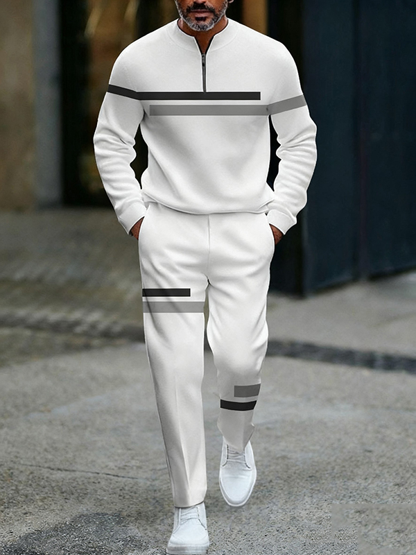 Conjunto de dos piezas de moda casual geometric estampado de manga larga zipper para hombre