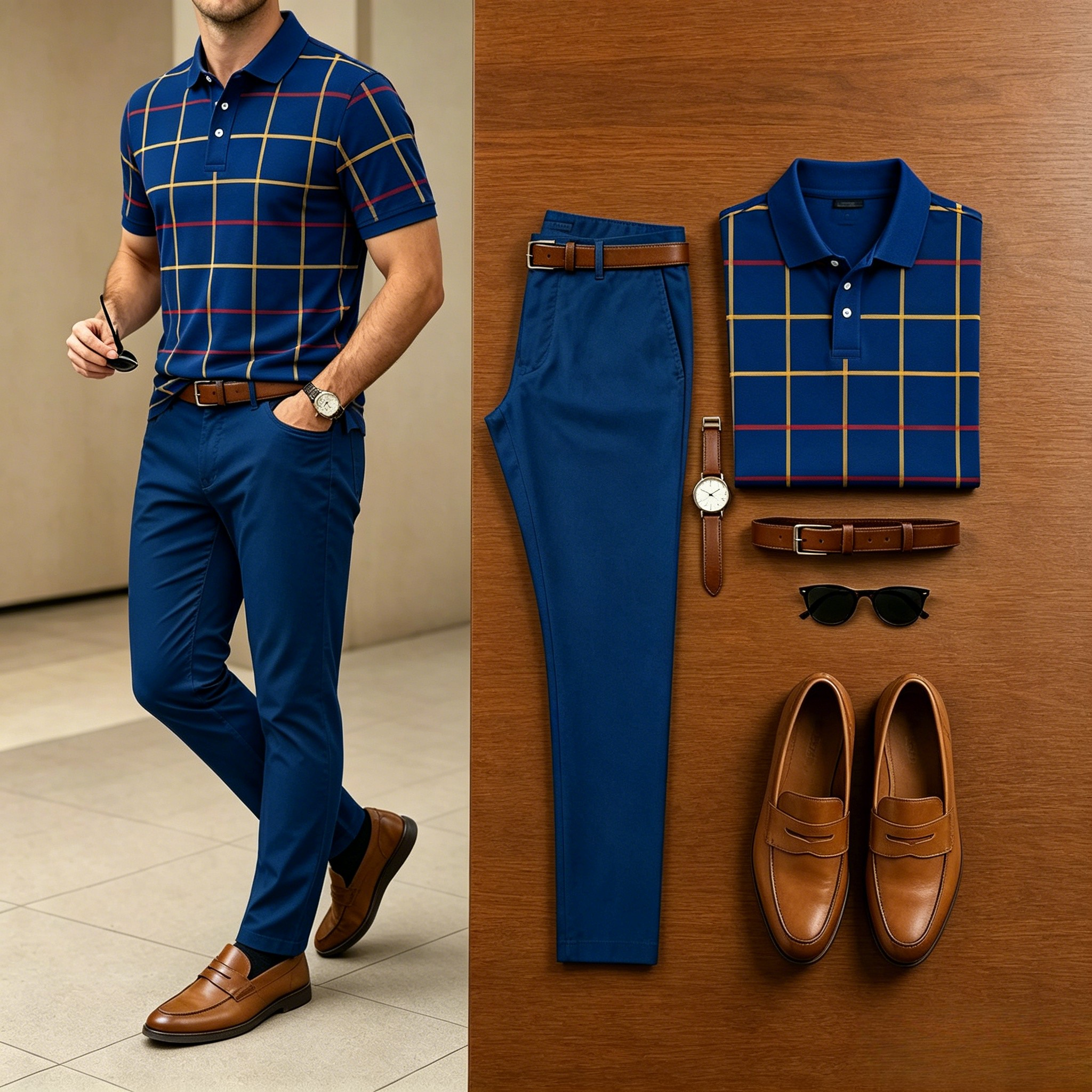 Conjunto de dos piezas casual retro Golden Baroque estampado camisa polo And pantalón para hombre