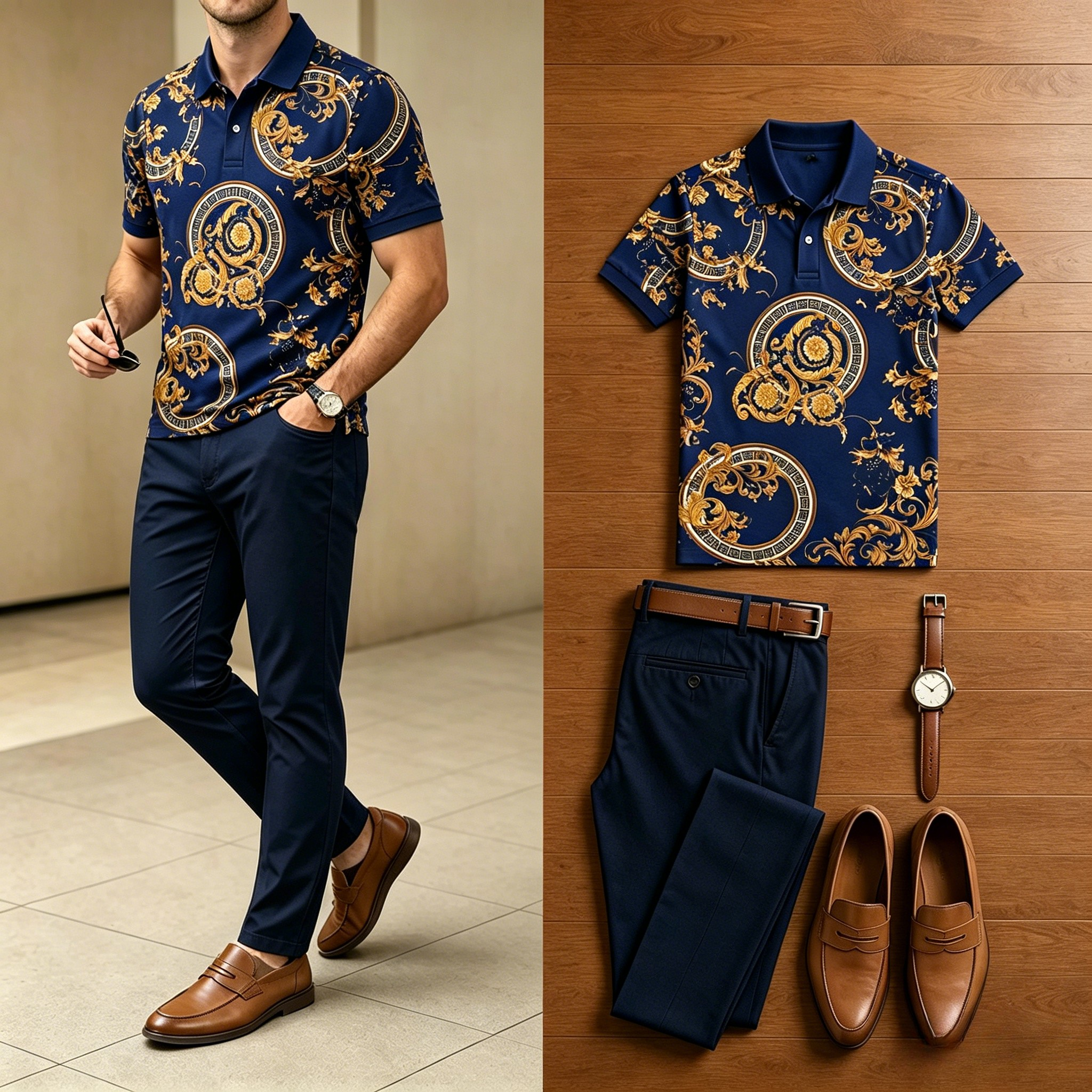 Conjunto de dos piezas casual retro Golden Baroque estampado camisa polo And pantalón para hombre