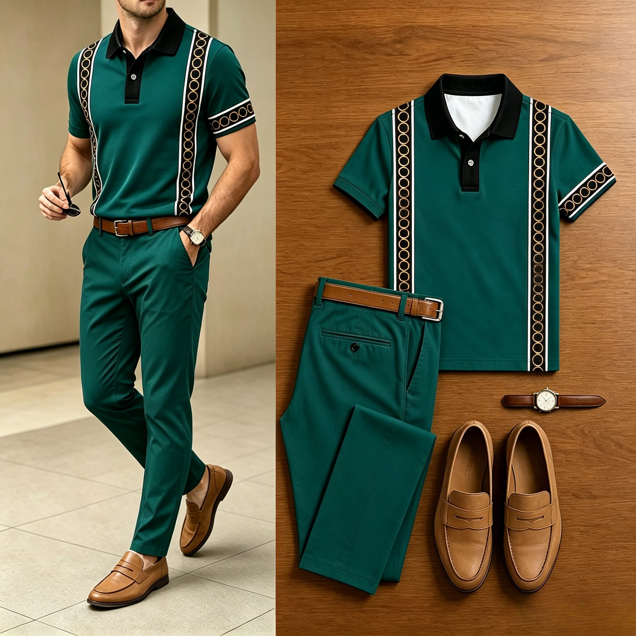 Conjunto de dos piezas casual Vertical Ring rayas en bloques de color camisa polo And pantalón para hombre
