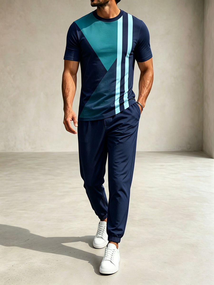 Conjunto de dos piezas casual Navy Blue Color Matching Geometric estampado Round Neck camiseta & pantalón para hombre