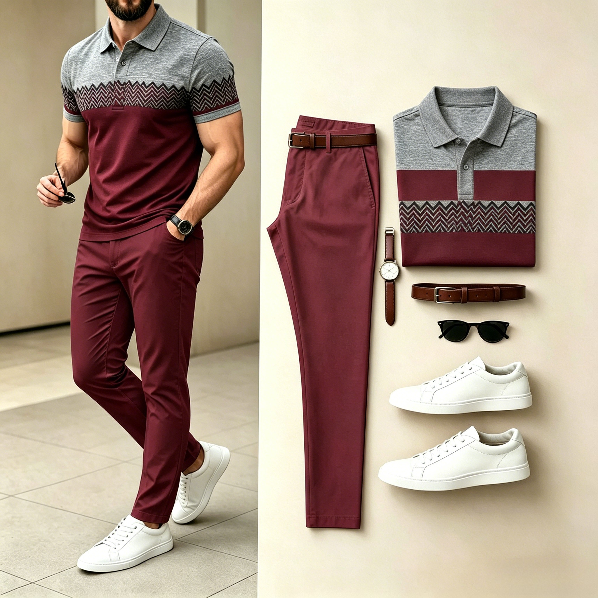 Conjunto de dos piezas casual Grey Burgundy Geometric tejido camisa polo & Long pantalón para hombre