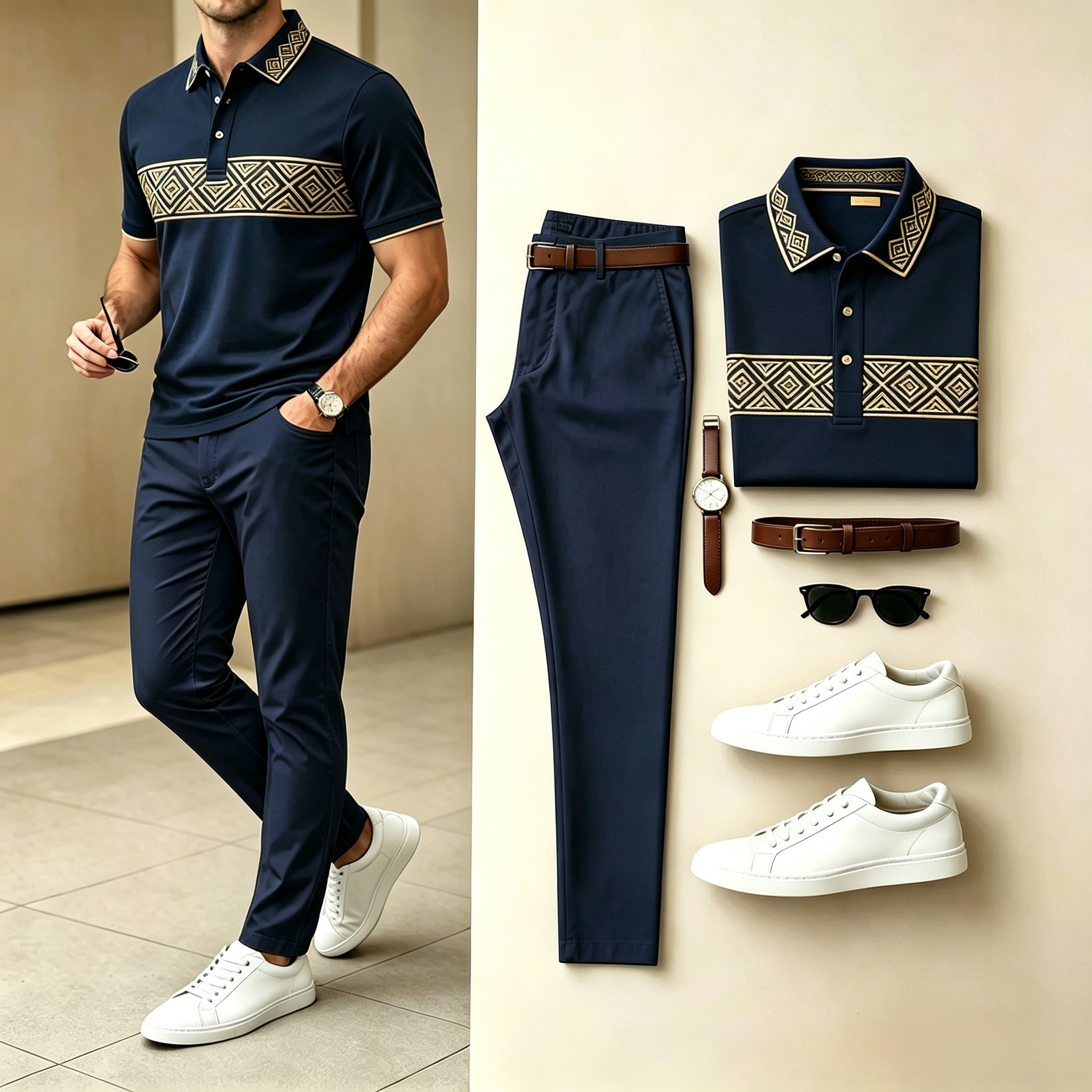 Conjunto de dos piezas casual Navy Gold Embroidery camisa polo & Long pantalón para hombre