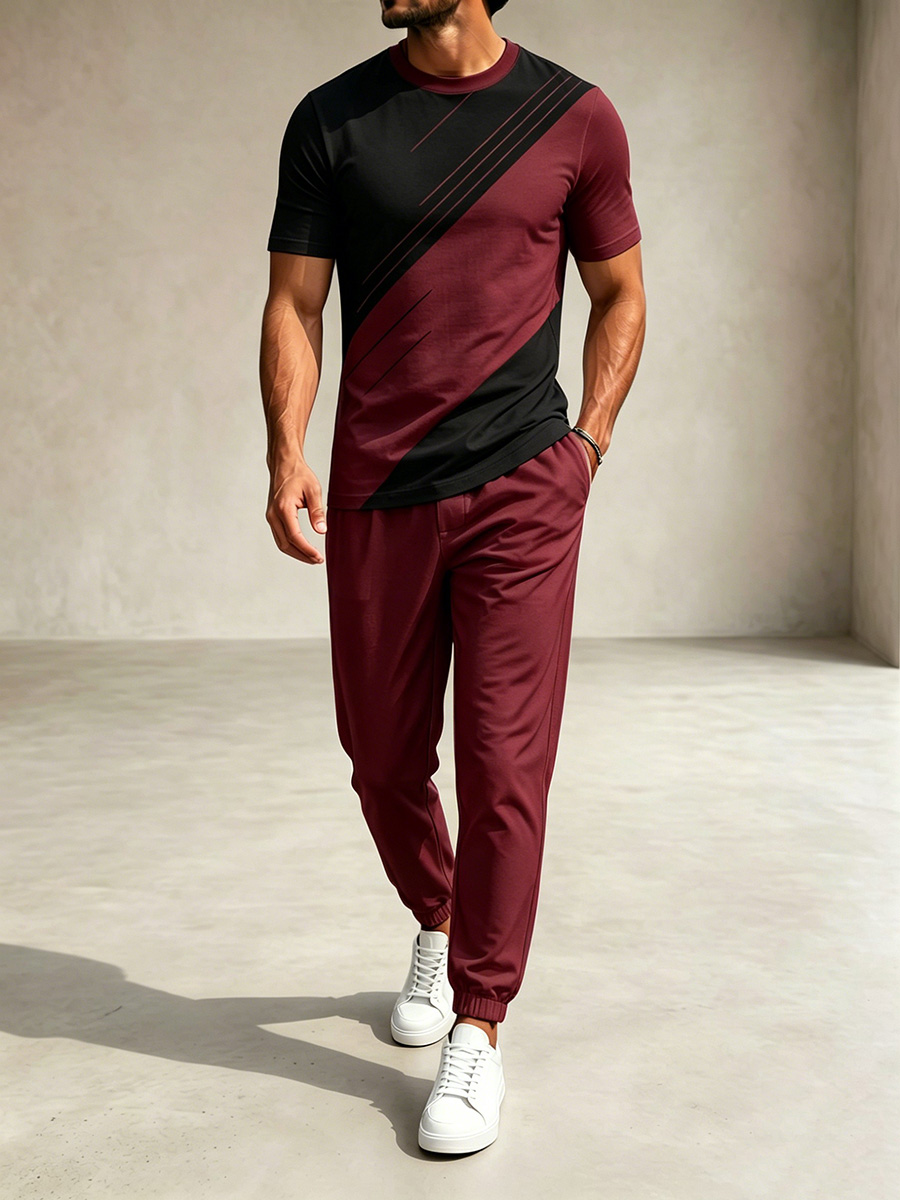 Conjunto de dos piezas casual Burgundy & Black Color Matching Geometric estampado Round Neck camiseta & pantalón para hombre