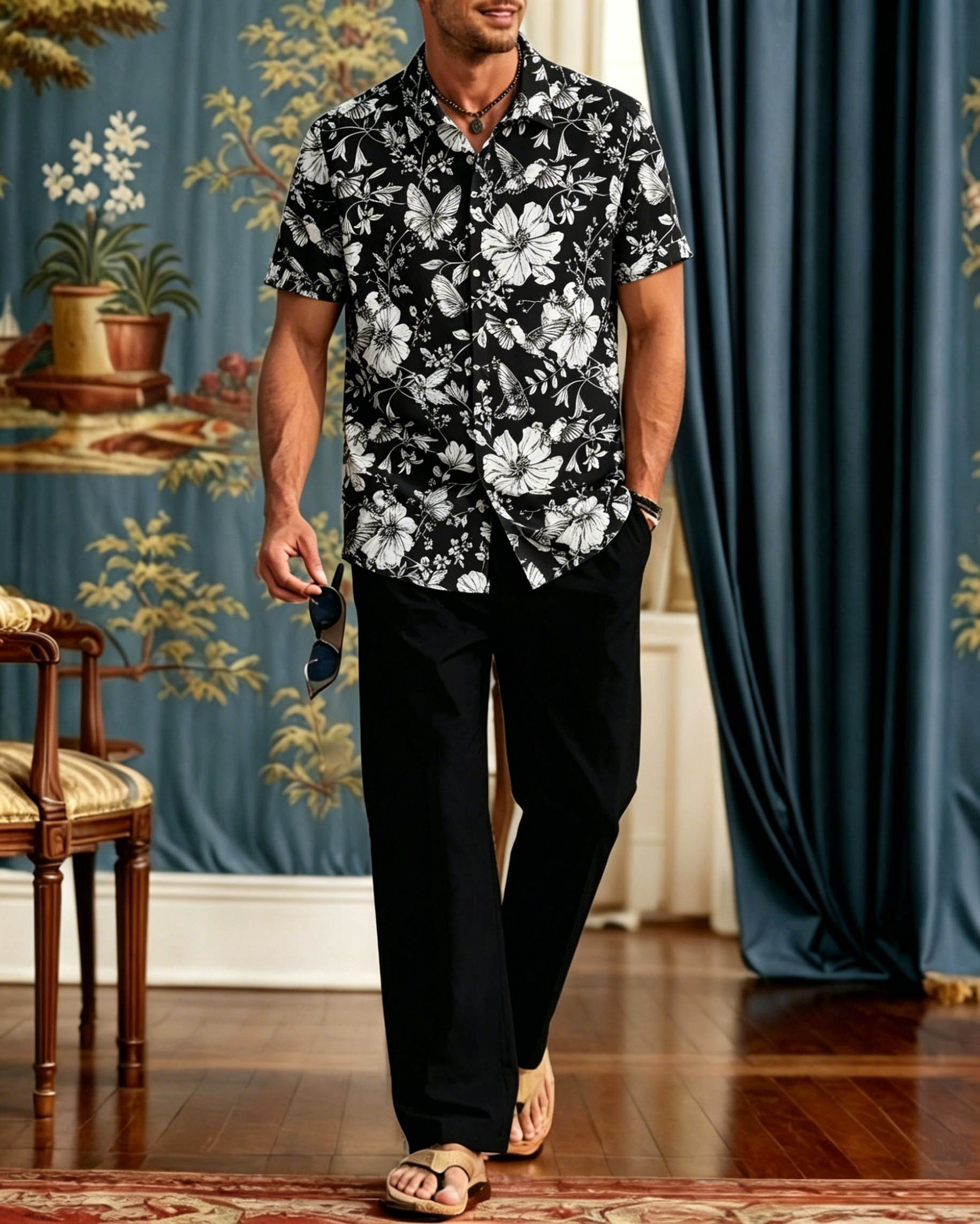 Elegant retro Lines de manga corta Walking Set para hombre