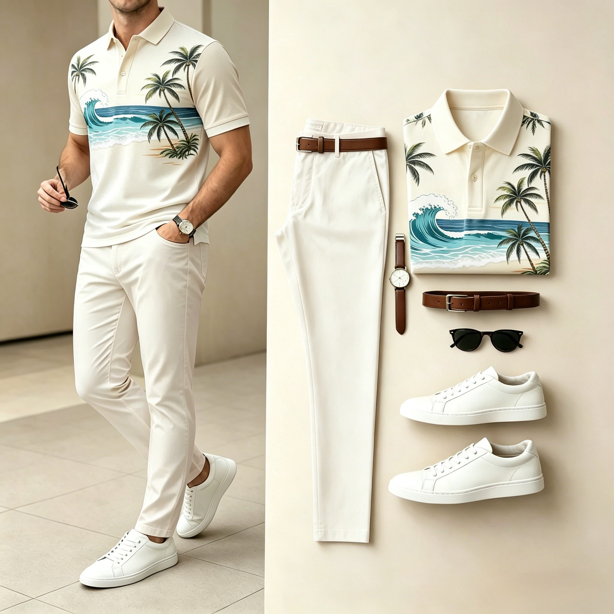 Conjunto de dos piezas casual Cream Ocean Wave Palm estampado camisa polo & Long pantalón para hombre