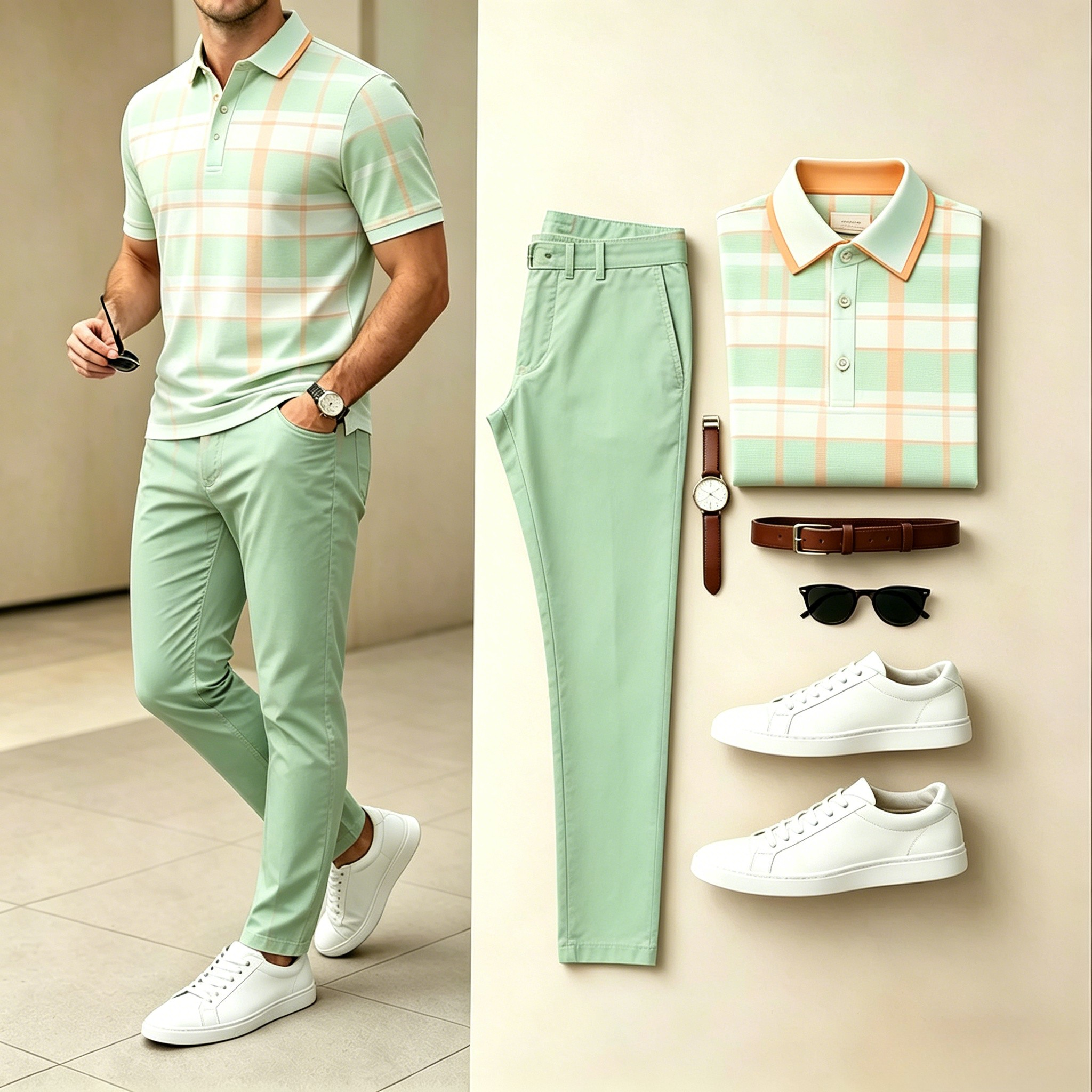 Conjunto de dos piezas casual Light Green a cuadros Collar camisa polo & Long pantalón para hombre