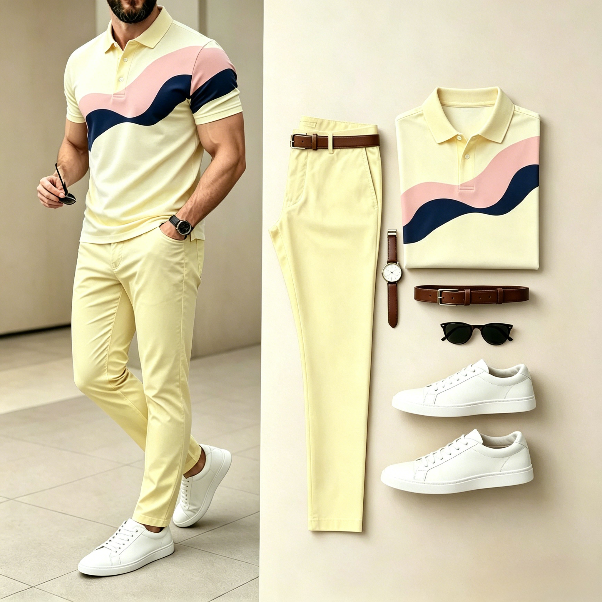 Conjunto de dos piezas casual Cream en bloques de color Wave camisa polo & Long pantalón para hombre