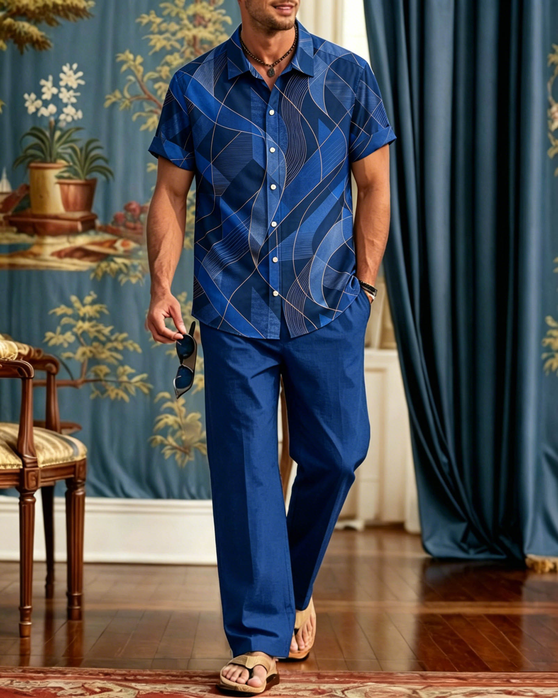 Elegant retro Lines de manga corta Walking Set para hombre