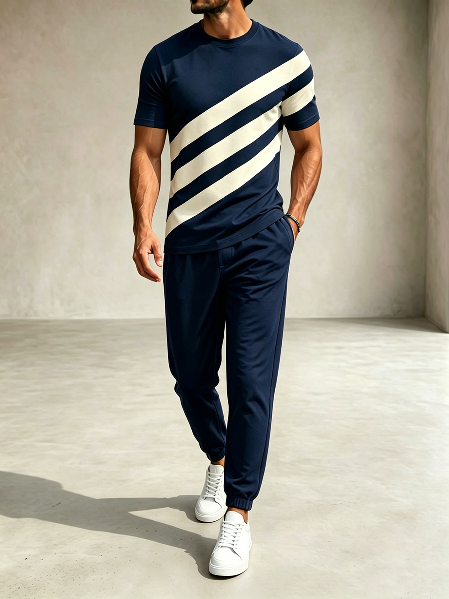Conjunto de dos piezas casual Navy Blue & Beige Color Matching a rayas estampado Round Neck camiseta & pantalón para hombre