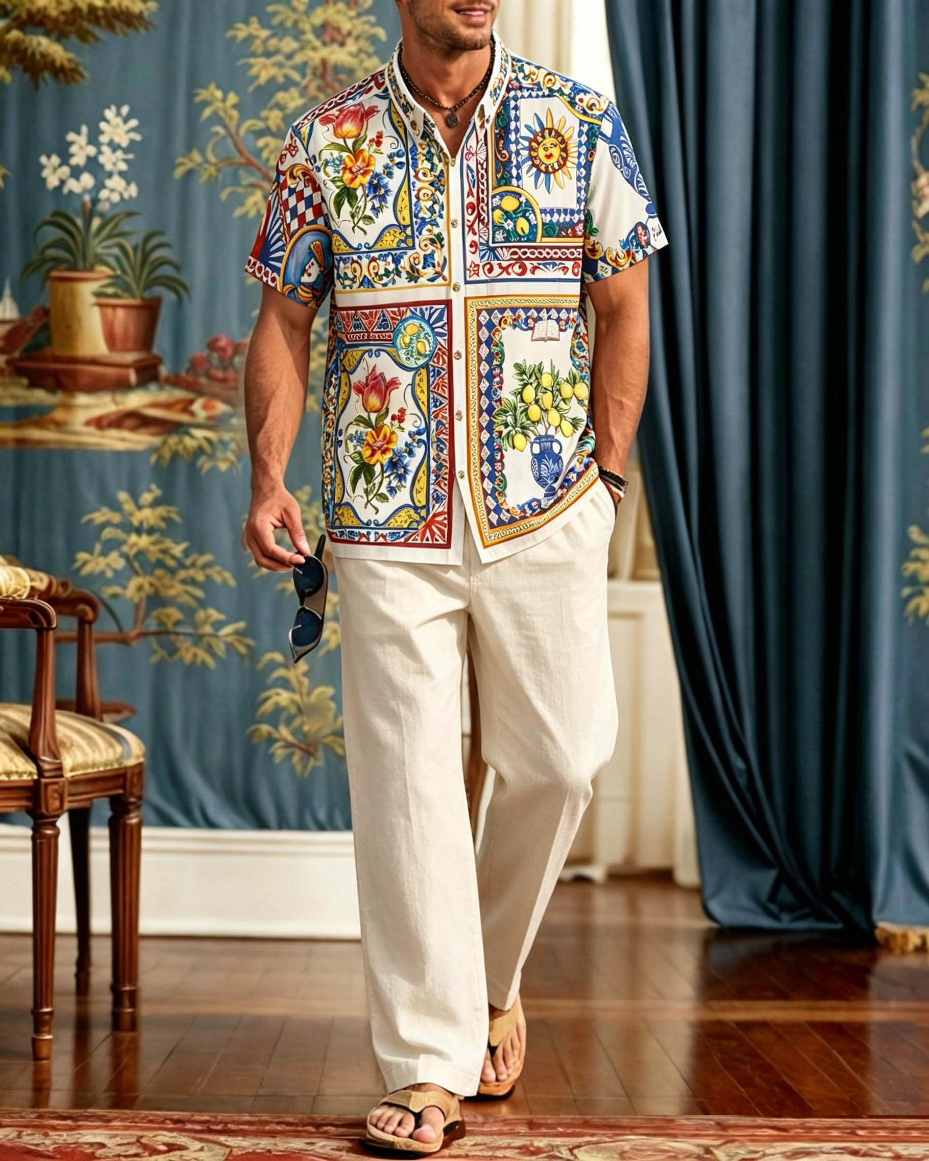 Elegant retro Lines de manga corta Walking Set para hombre