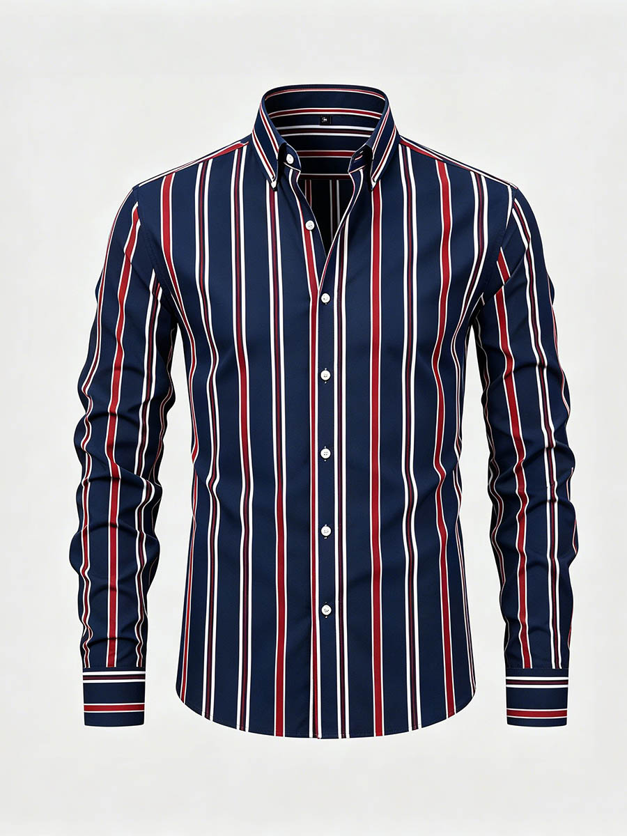 Camisa Navy Blue & Red Color Matching a rayas estampado de manga larga para hombre