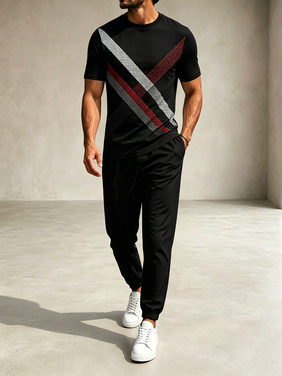 Conjunto de dos piezas casual Black & Burgundy Color Matching Geometric estampado Round Neck camiseta & pantalón para hombre