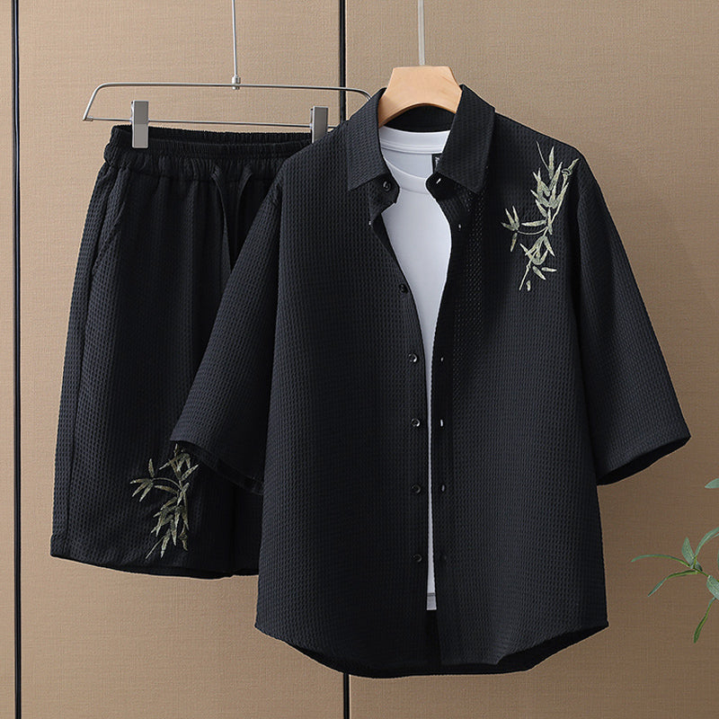 Bamboo Leaf Embroidered casual Waffle de manga corta Suit