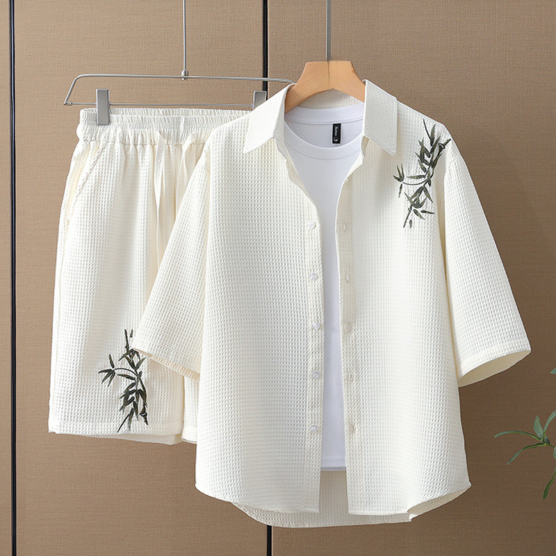 Bamboo Leaf Embroidered casual Waffle de manga corta Suit