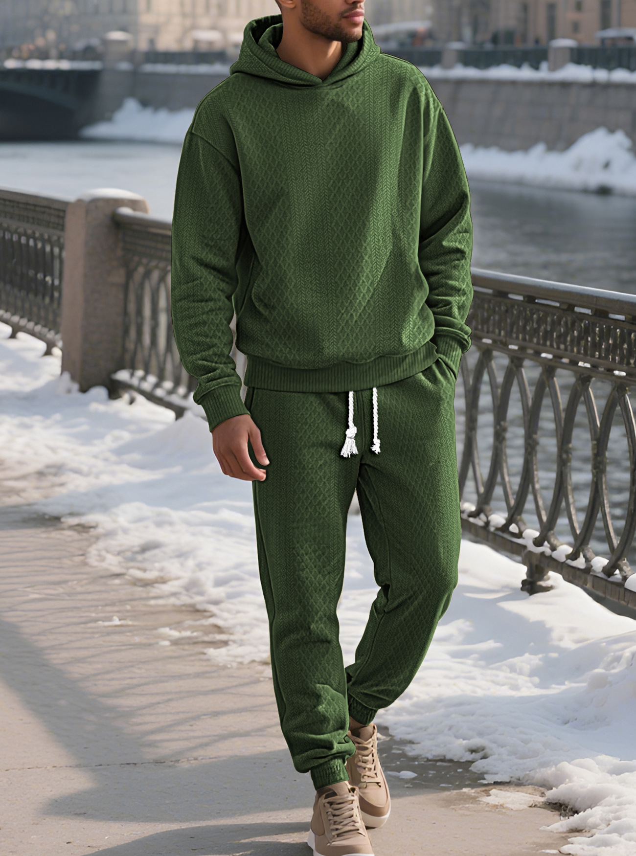 para hombre Relaxed de manga larga Jacquard sudadera con capucha & pantalón Set