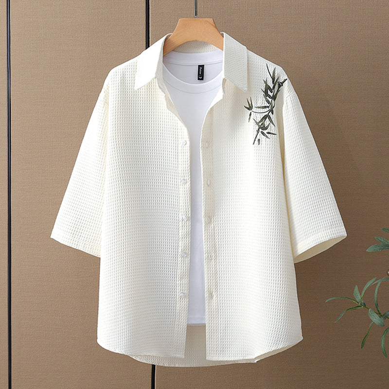 Bamboo Leaf Embroidered casual Waffle de manga corta Suit