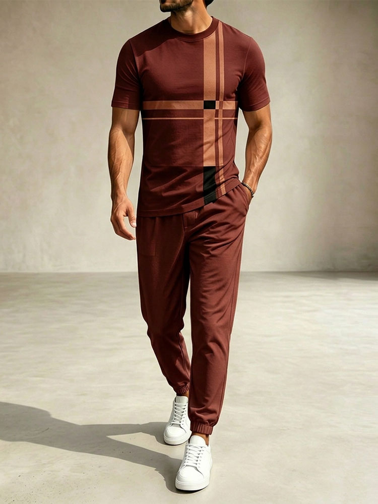 Conjunto de dos piezas casual Red Color Matching Geometric estampado Round Neck camiseta & pantalón para hombre