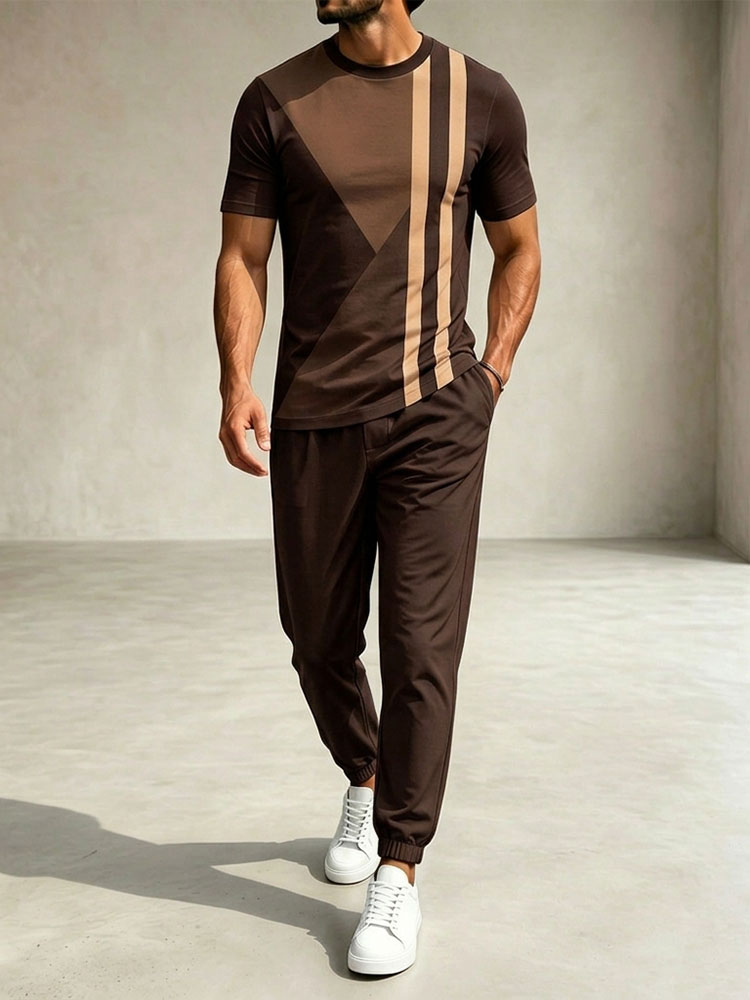 Conjunto de dos piezas casual Coffee & Khaki Color Matching estampado Round Neck camiseta & pantalón para hombre