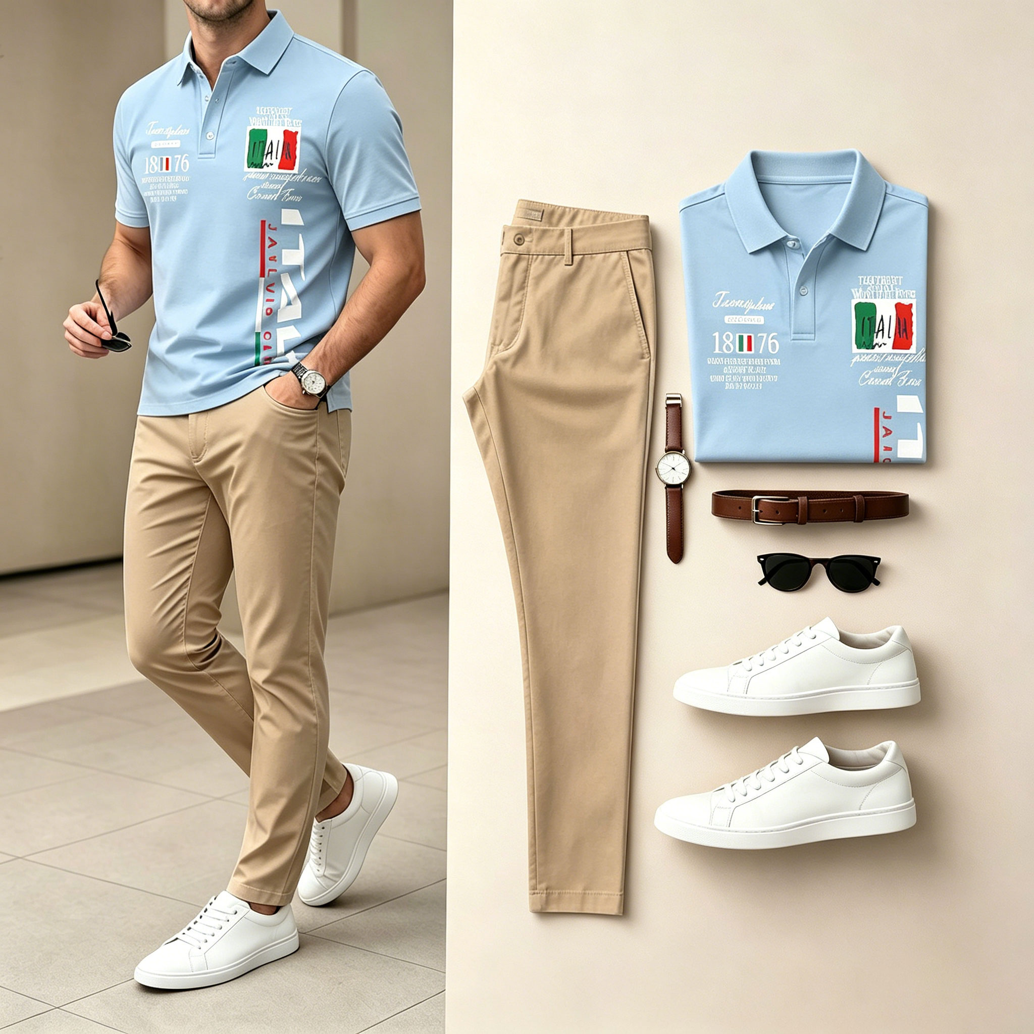 Conjunto de dos piezas Light Blue & Khaki Color Matching estampado de manga cortas camisa polo & pantalón para hombre