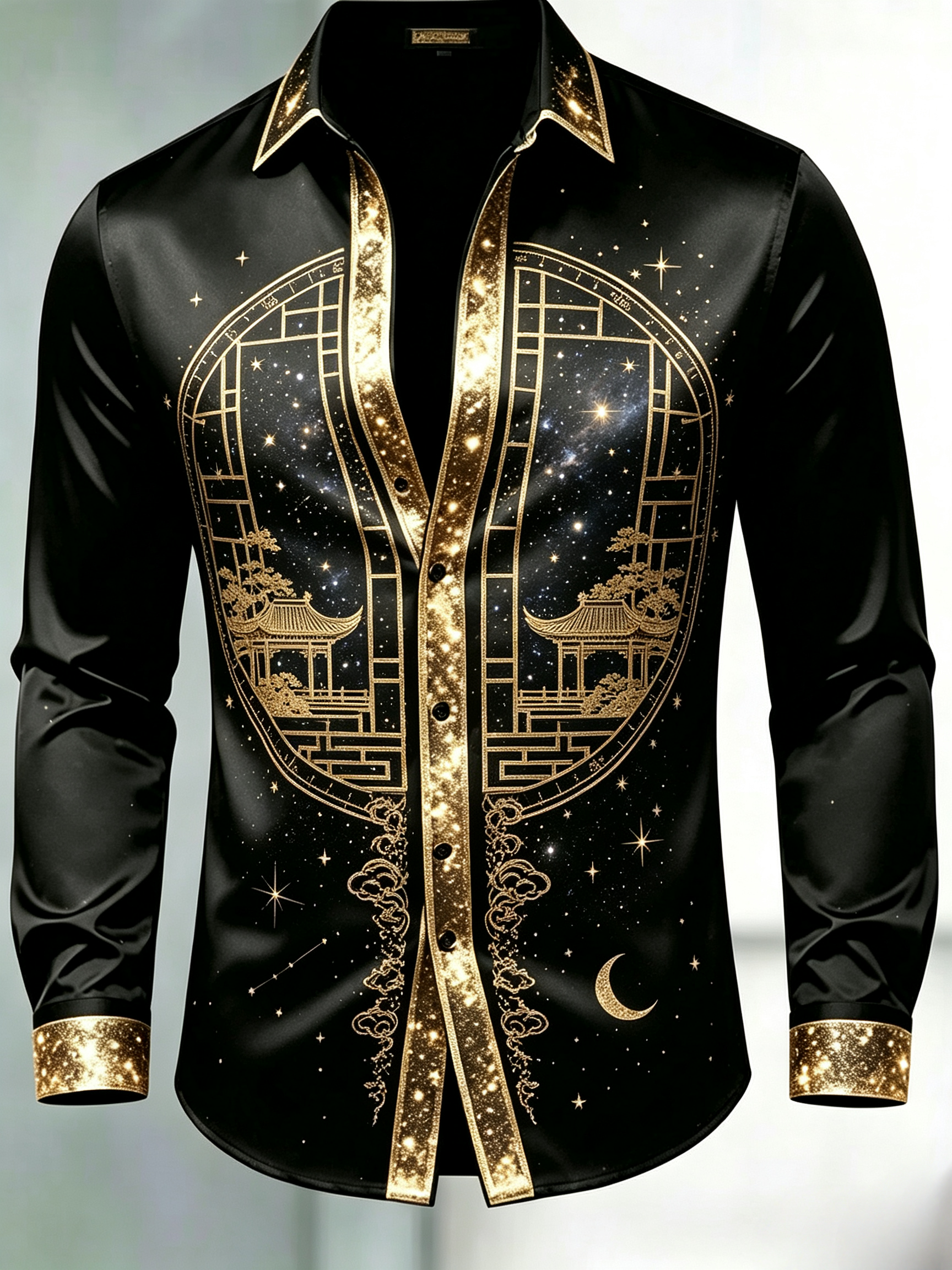 Camisa Imperial Starry Black Silk de manga larga para hombre