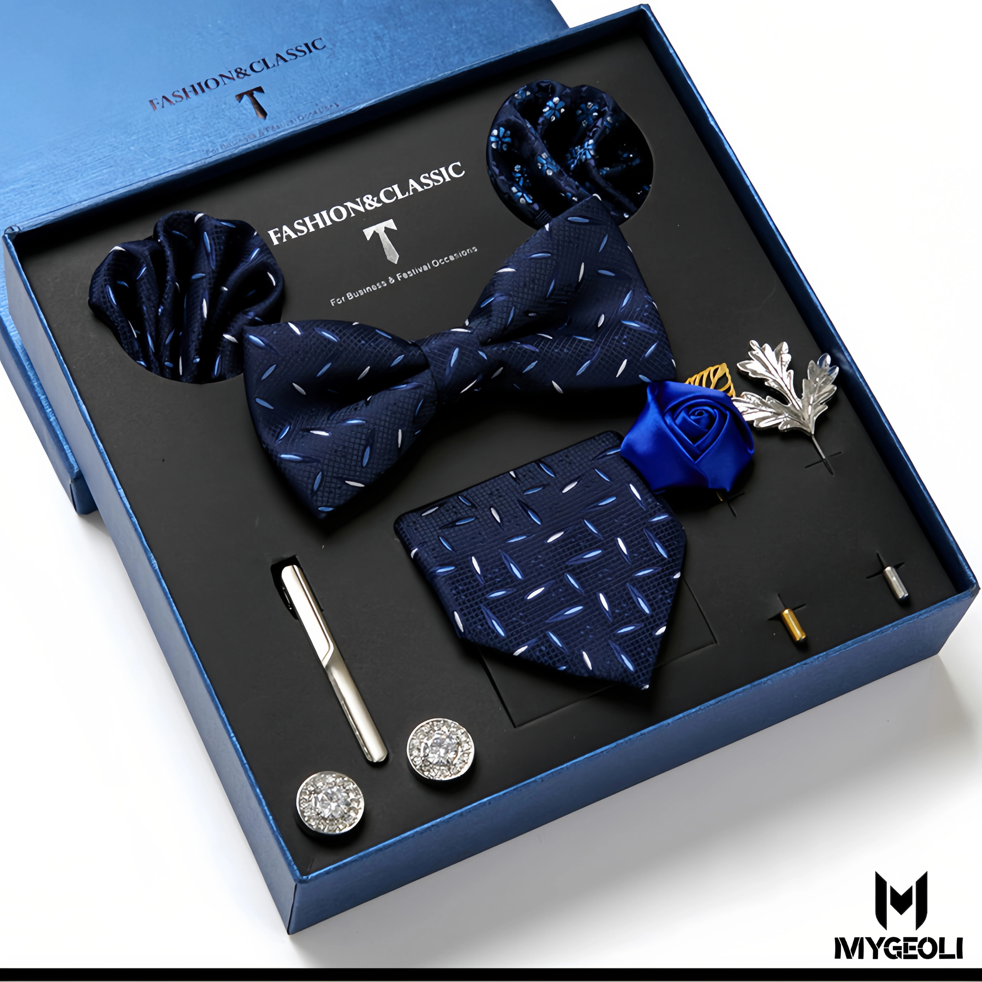 De moda ejecutivo tie and square scarf set (1 tie, 1 bow tie, 2 square scarf, 1 pair of cufflinks, 1 tie clip, 2 brooches, blue gift box)