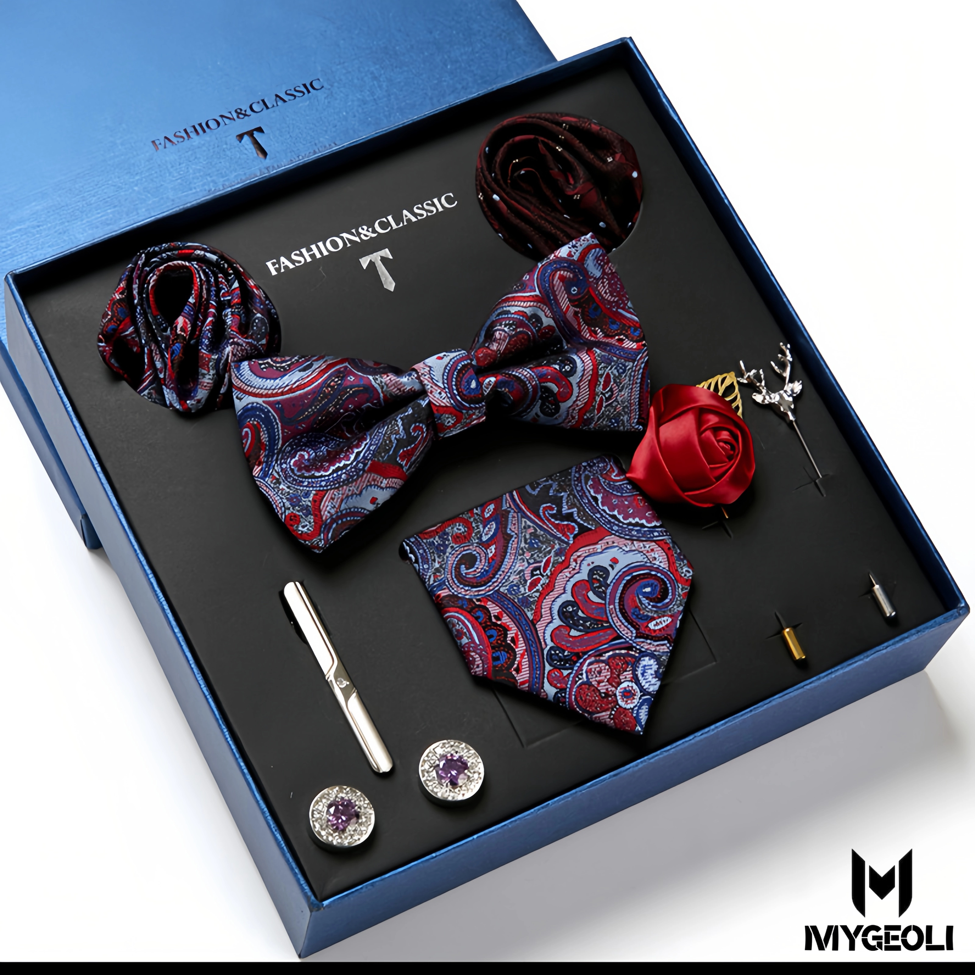 De moda ejecutivo tie and square scarf set (1 tie, 1 bow tie, 2 square scarf, 1 pair of cufflinks, 1 tie clip, 2 brooches, blue gift box)