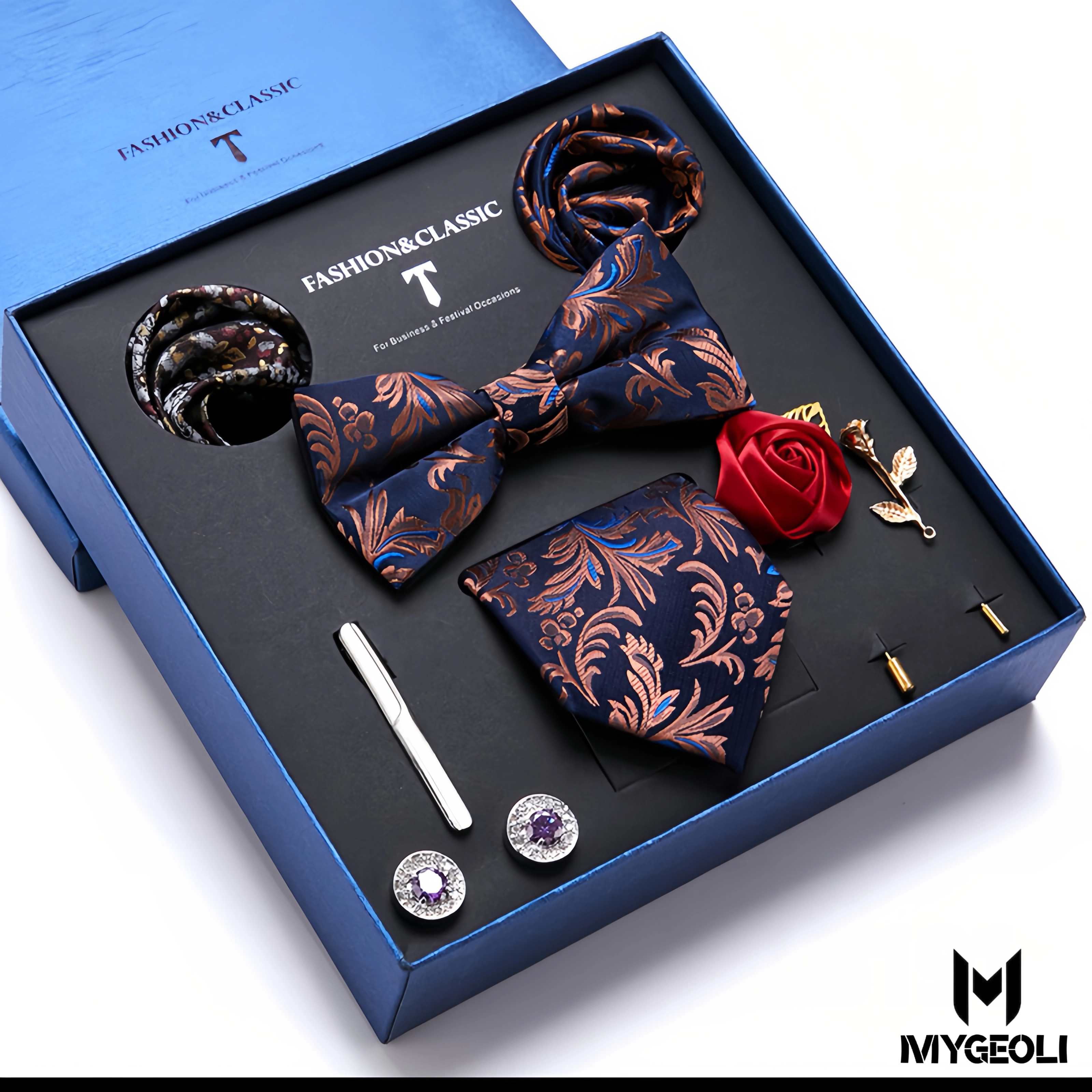 De moda ejecutivo tie and square scarf set (1 tie, 1 bow tie, 2 square scarf, 1 pair of cufflinks, 1 tie clip, 2 brooches, blue gift box)