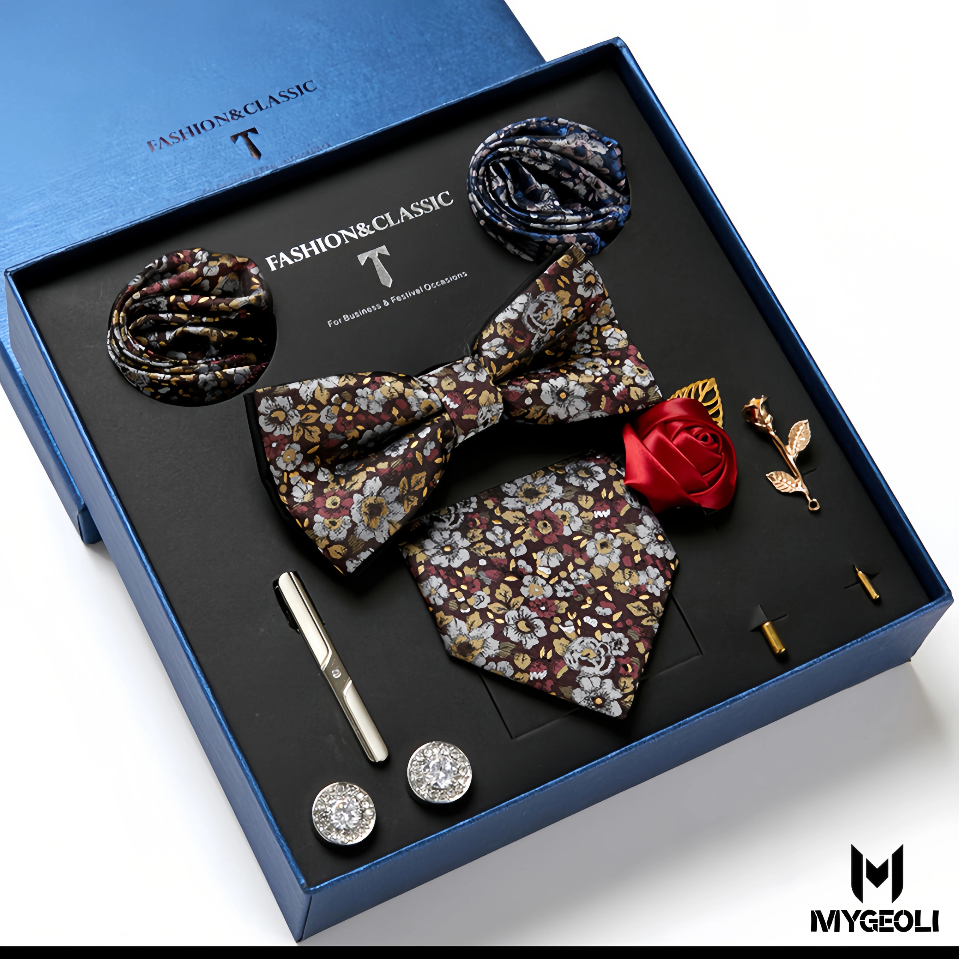 De moda ejecutivo tie and square scarf set (1 tie, 1 bow tie, 2 square scarf, 1 pair of cufflinks, 1 tie clip, 2 brooches, blue gift box)
