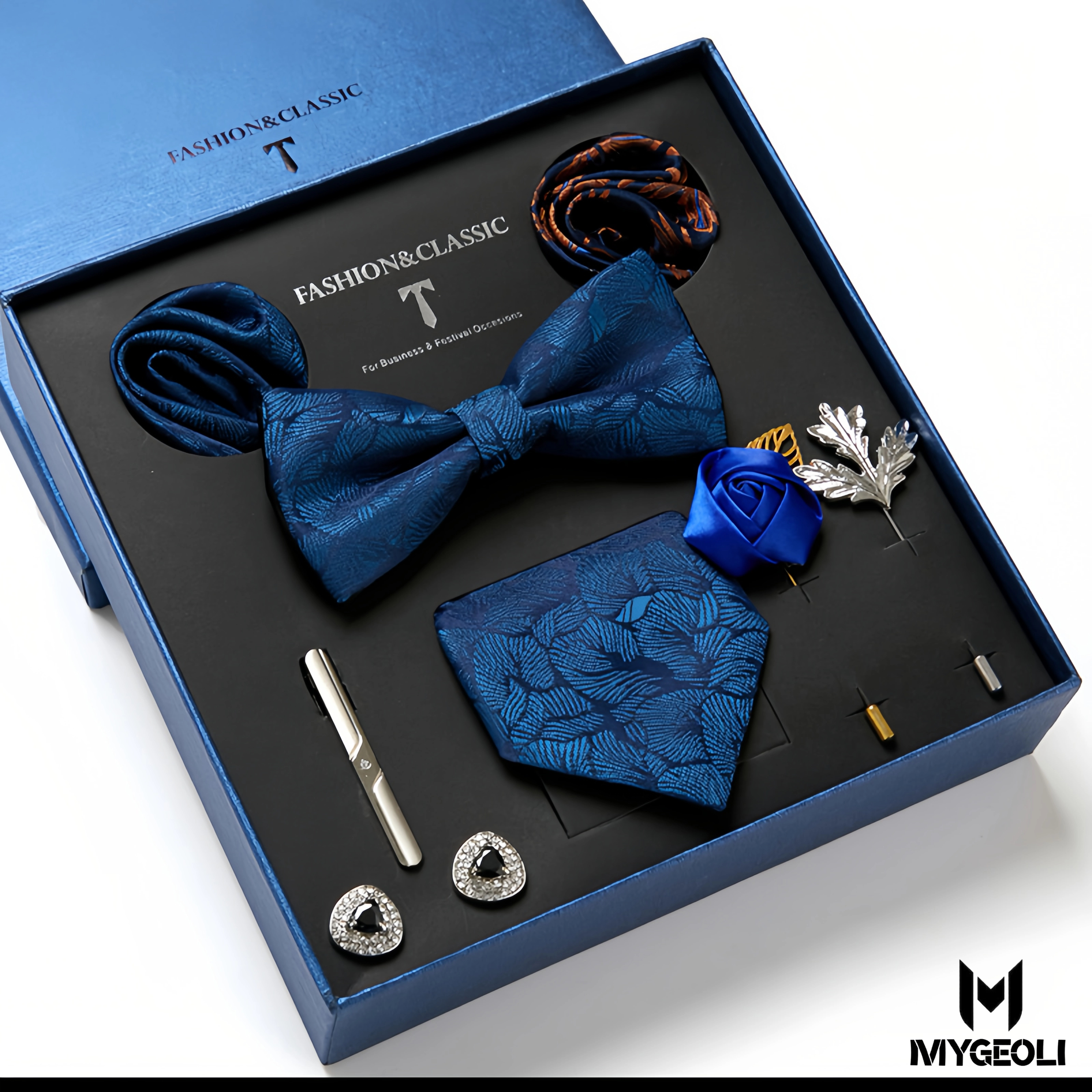 De moda ejecutivo tie and square scarf set (1 tie, 1 bow tie, 2 square scarf, 1 pair of cufflinks, 1 tie clip, 2 brooches, blue gift box)