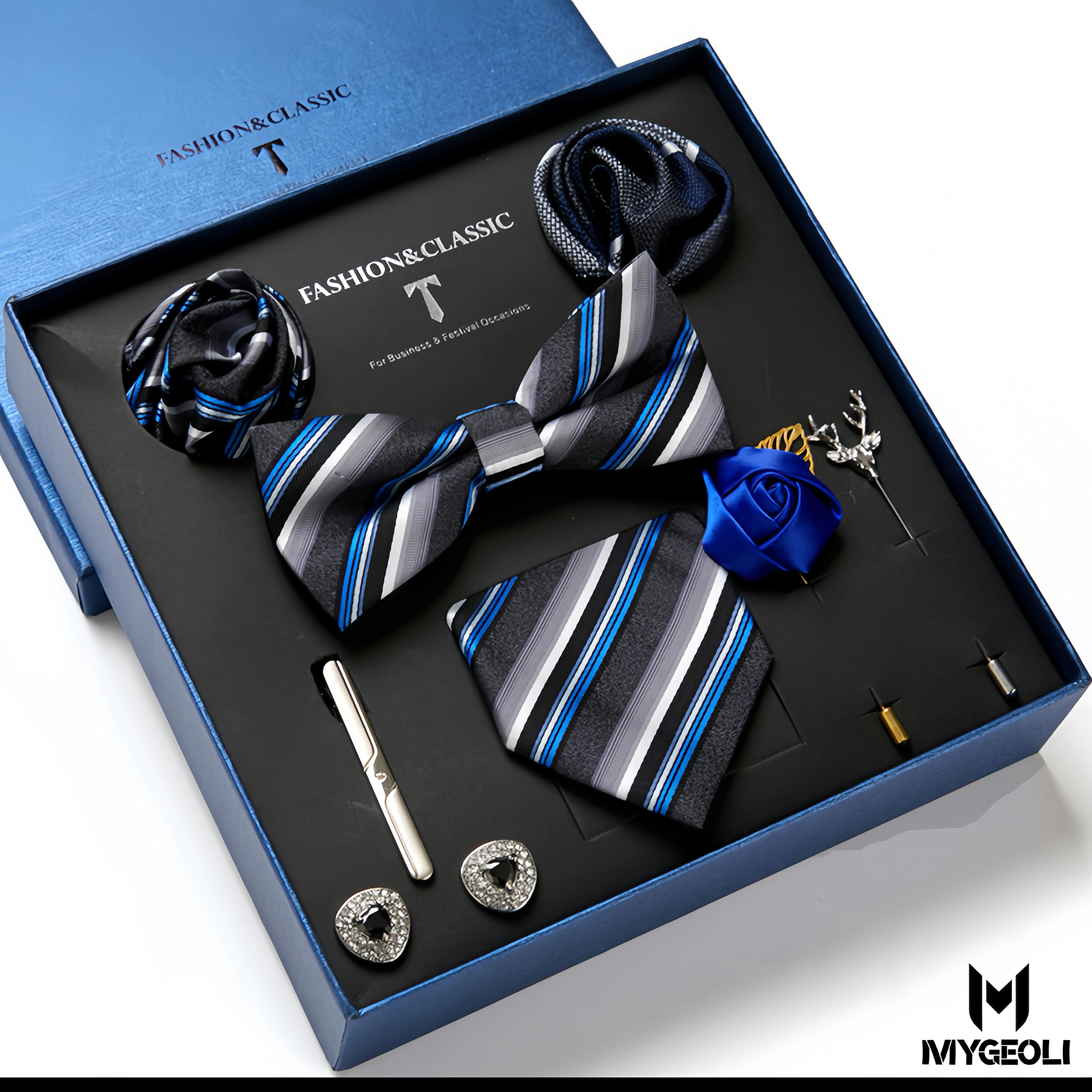 De moda ejecutivo tie and square scarf set (1 tie, 1 bow tie, 2 square scarf, 1 pair of cufflinks, 1 tie clip, 2 brooches, blue gift box)