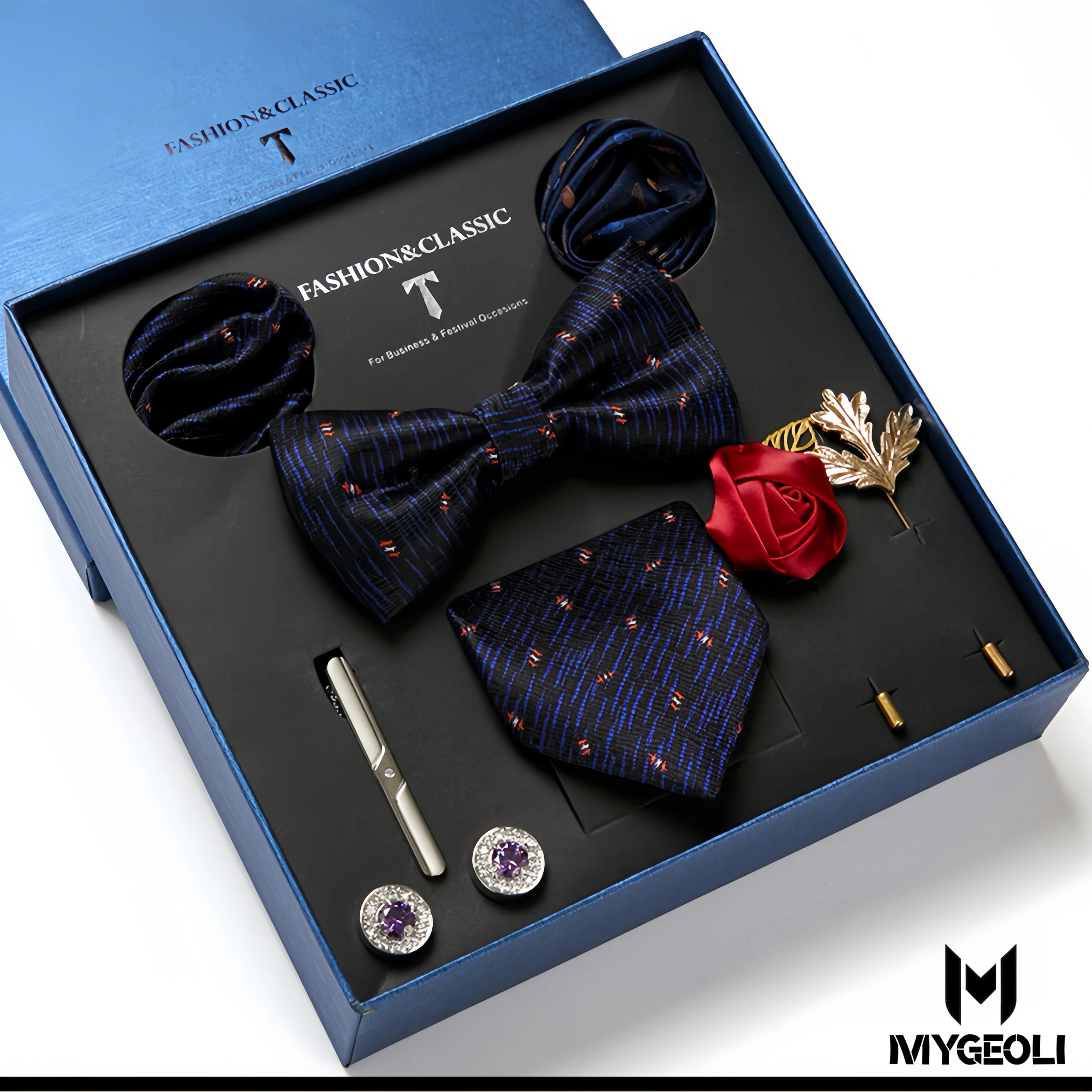 De moda ejecutivo tie and square scarf set (1 tie, 1 bow tie, 2 square scarf, 1 pair of cufflinks, 1 tie clip, 2 brooches, blue gift box)