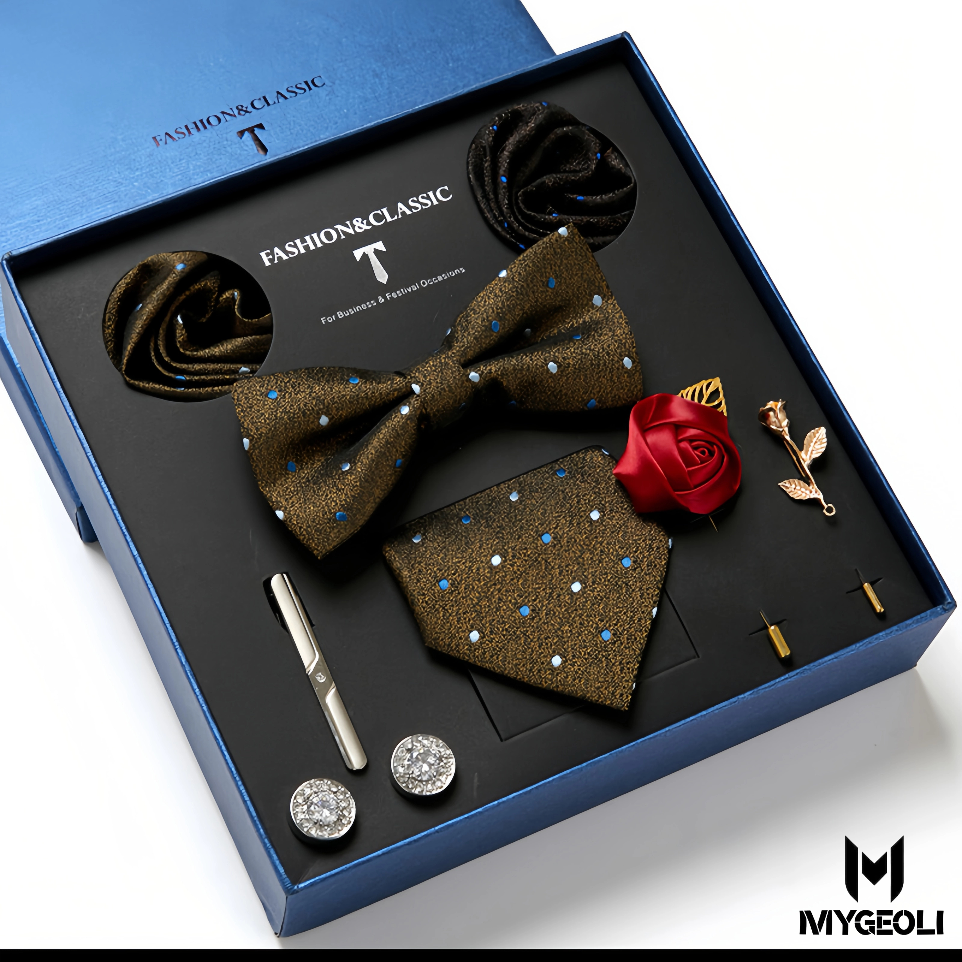 De moda ejecutivo tie and square scarf set (1 tie, 1 bow tie, 2 square scarf, 1 pair of cufflinks, 1 tie clip, 2 brooches, blue gift box)