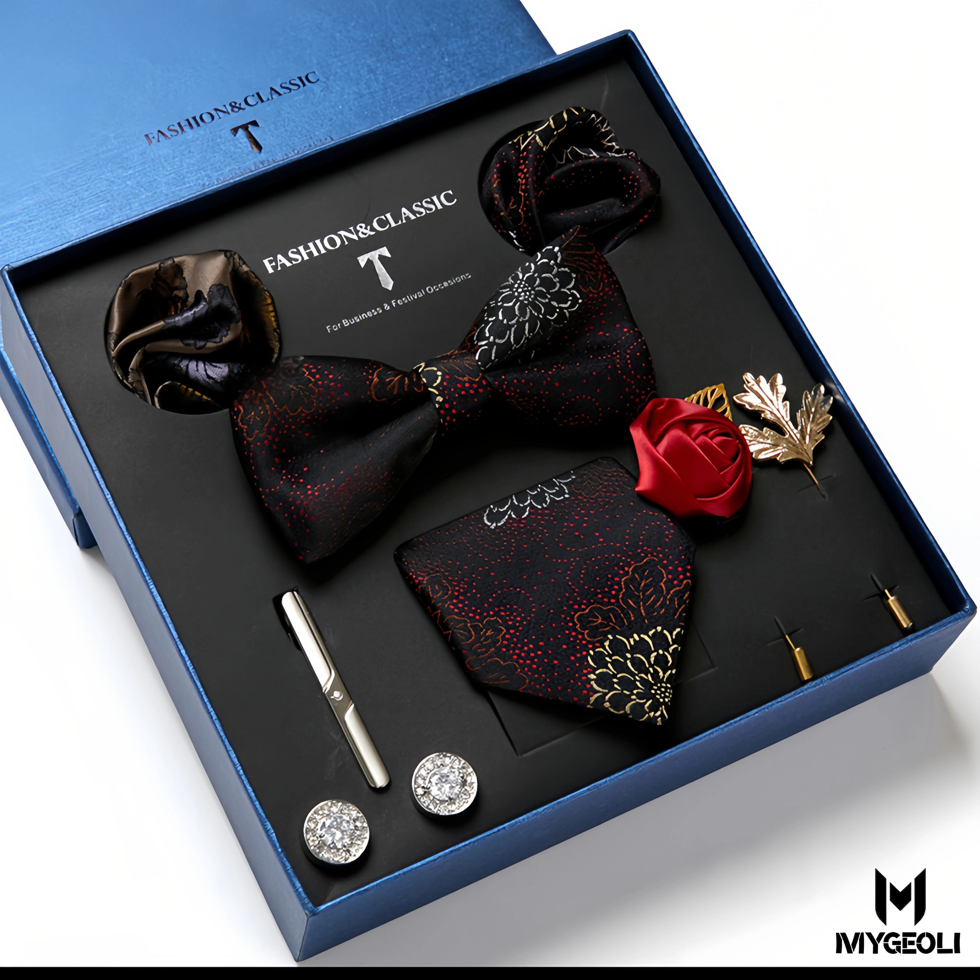 De moda ejecutivo tie and square scarf set (1 tie, 1 bow tie, 2 square scarf, 1 pair of cufflinks, 1 tie clip, 2 brooches, blue gift box)