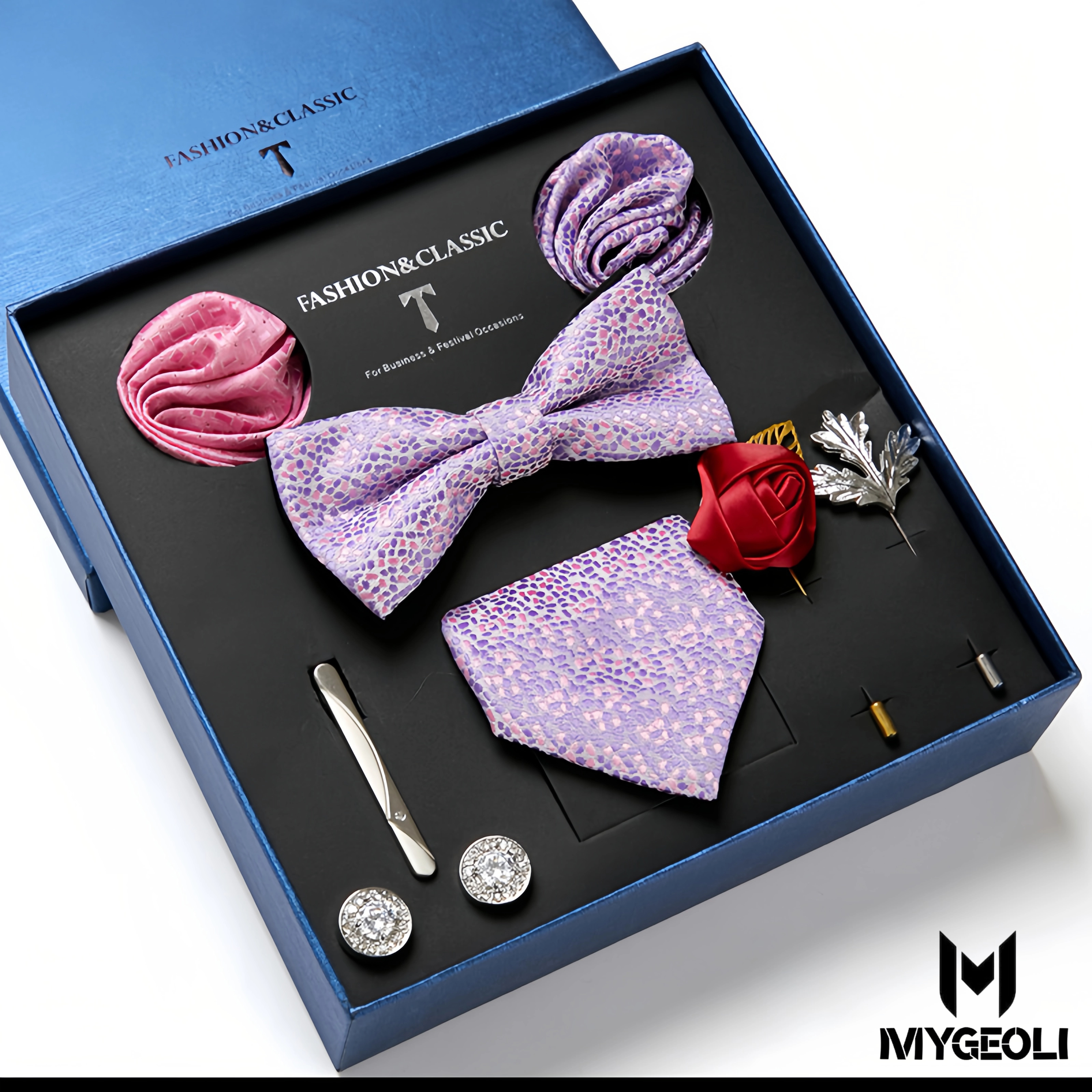De moda ejecutivo tie and square scarf set (1 tie, 1 bow tie, 2 square scarf, 1 pair of cufflinks, 1 tie clip, 2 brooches, blue gift box)