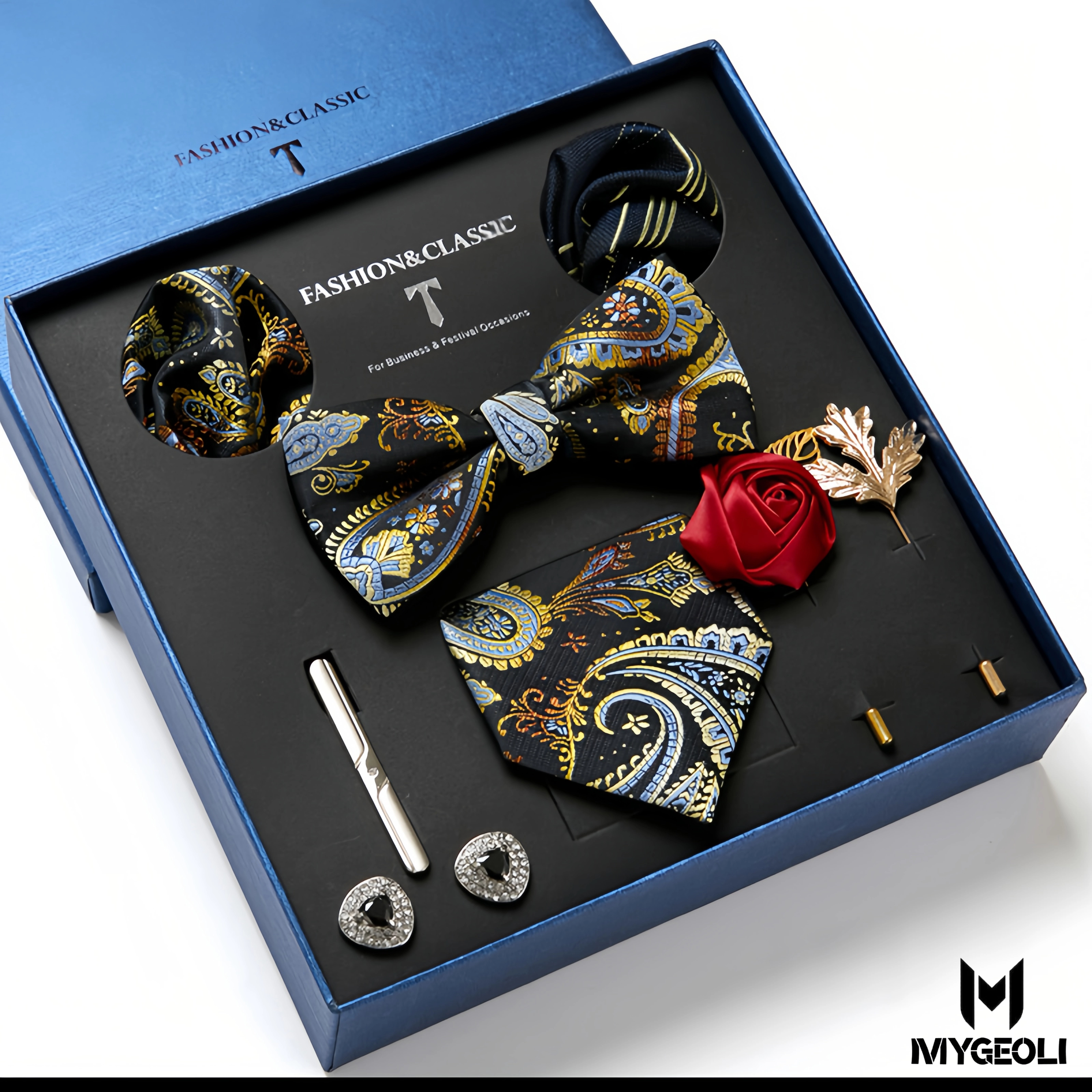 De moda ejecutivo tie and square scarf set (1 tie, 1 bow tie, 2 square scarf, 1 pair of cufflinks, 1 tie clip, 2 brooches, blue gift box)