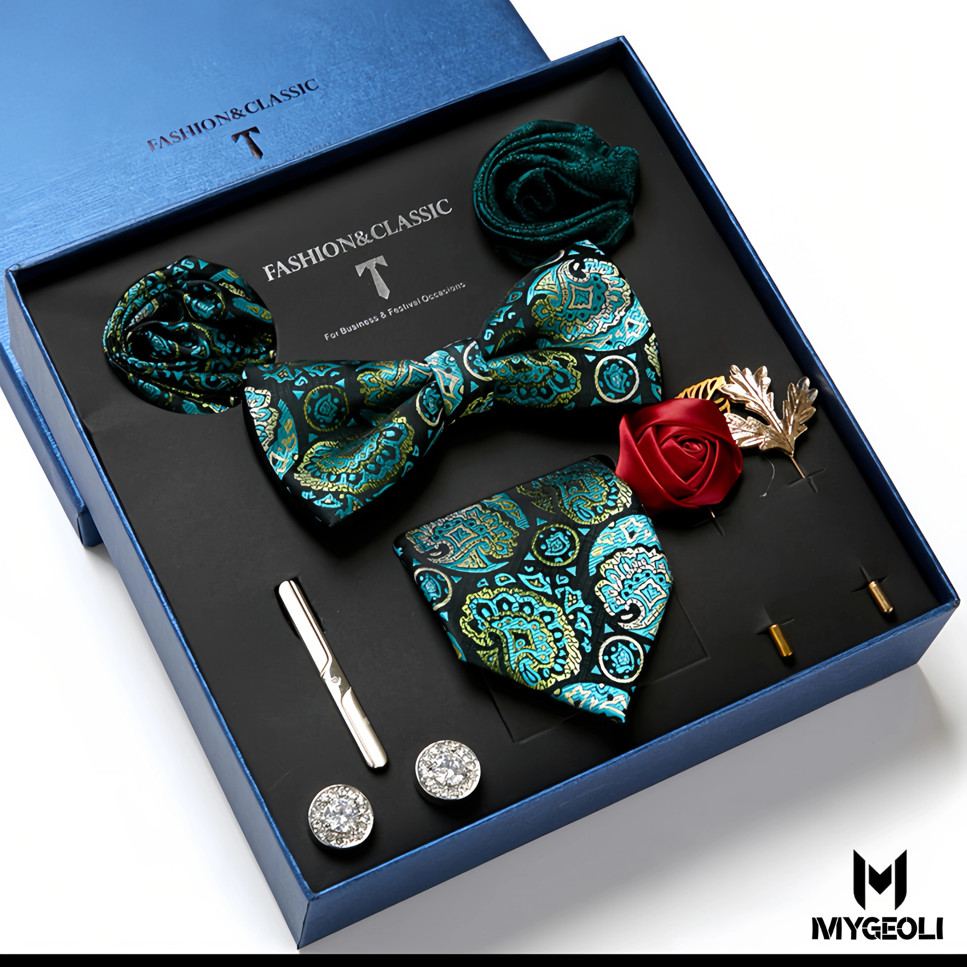De moda ejecutivo tie and square scarf set (1 tie, 1 bow tie, 2 square scarf, 1 pair of cufflinks, 1 tie clip, 2 brooches, blue gift box)