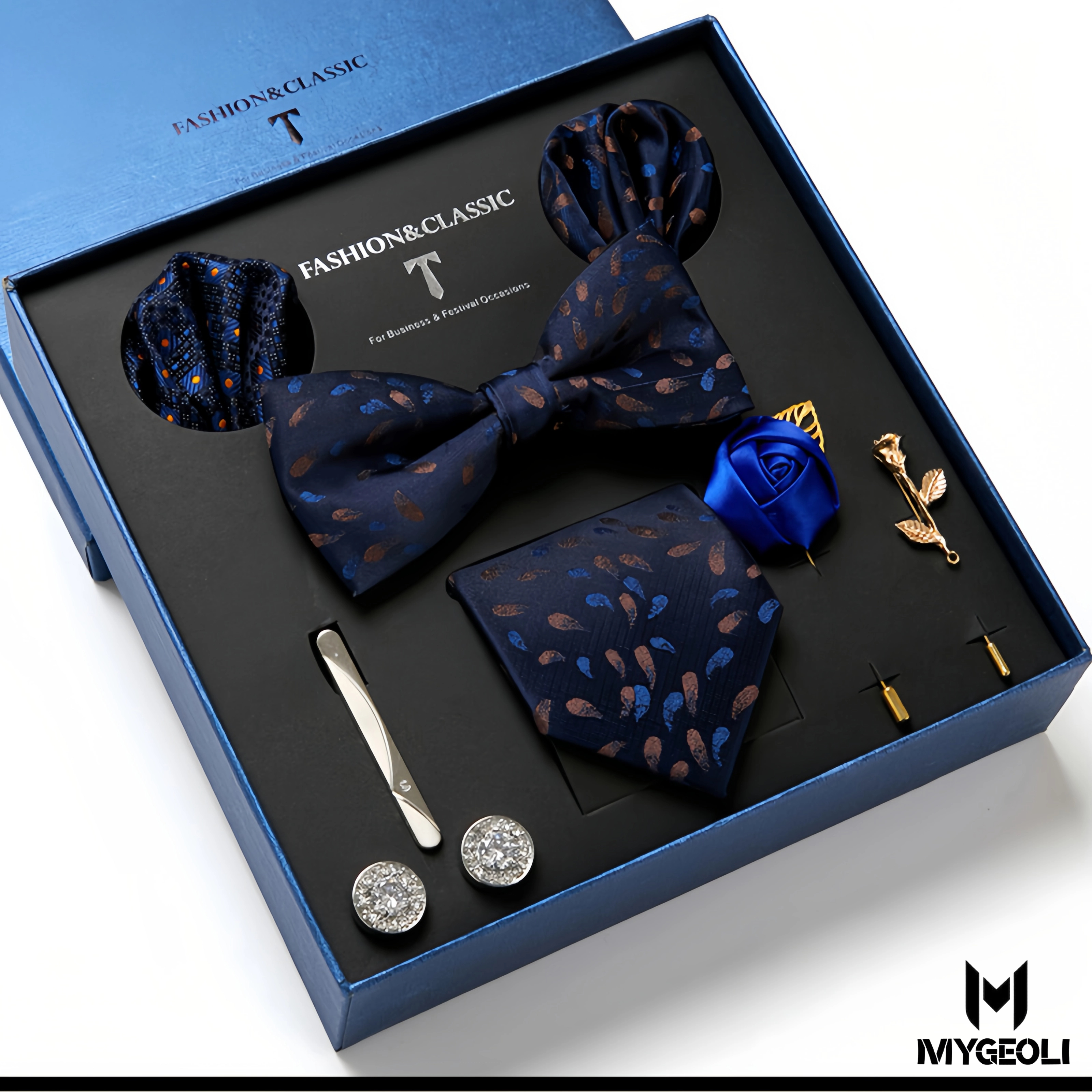 De moda ejecutivo tie and square scarf set (1 tie, 1 bow tie, 2 square scarf, 1 pair of cufflinks, 1 tie clip, 2 brooches, blue gift box)