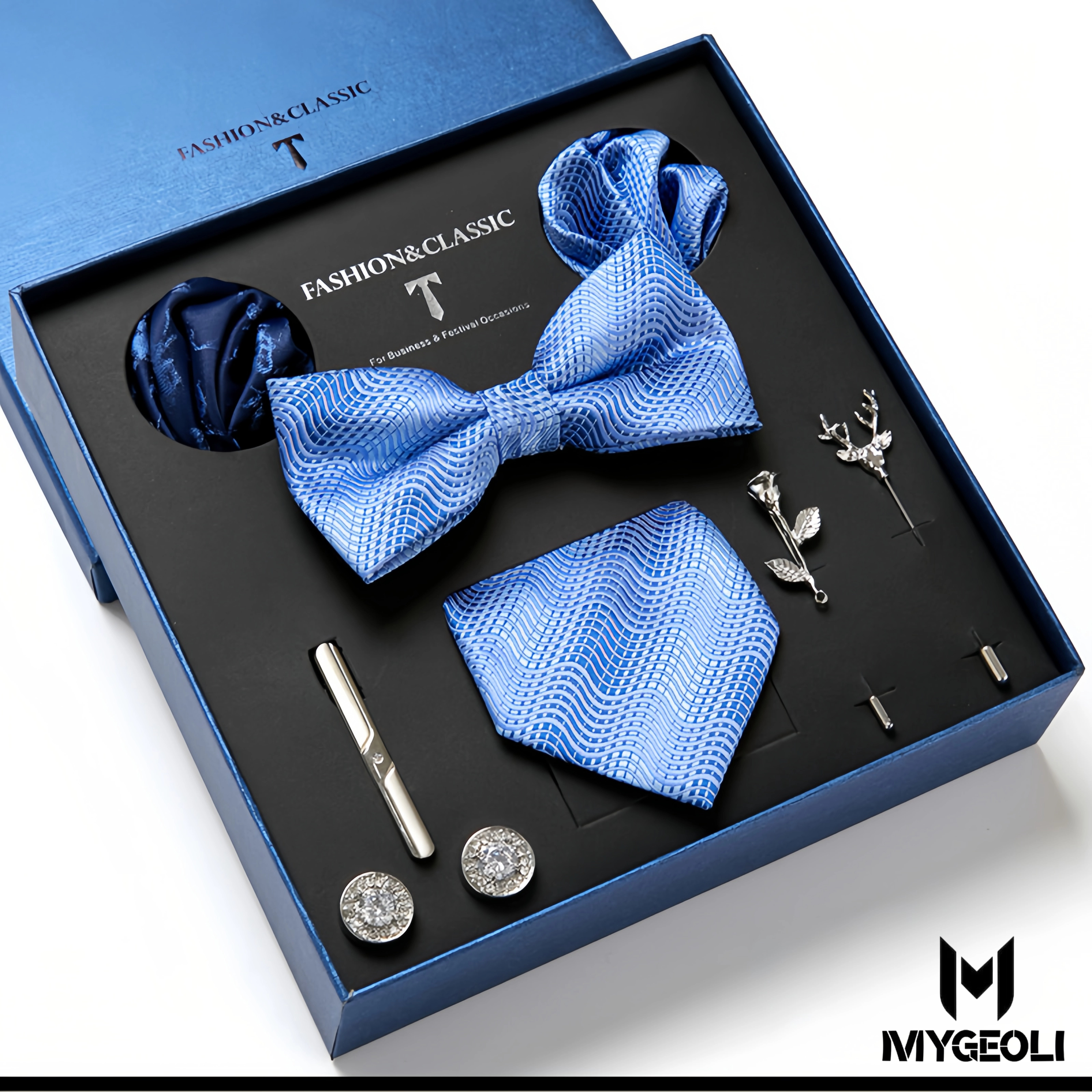 De moda ejecutivo tie and square scarf set (1 tie, 1 bow tie, 2 square scarf, 1 pair of cufflinks, 1 tie clip, 2 brooches, blue gift box)