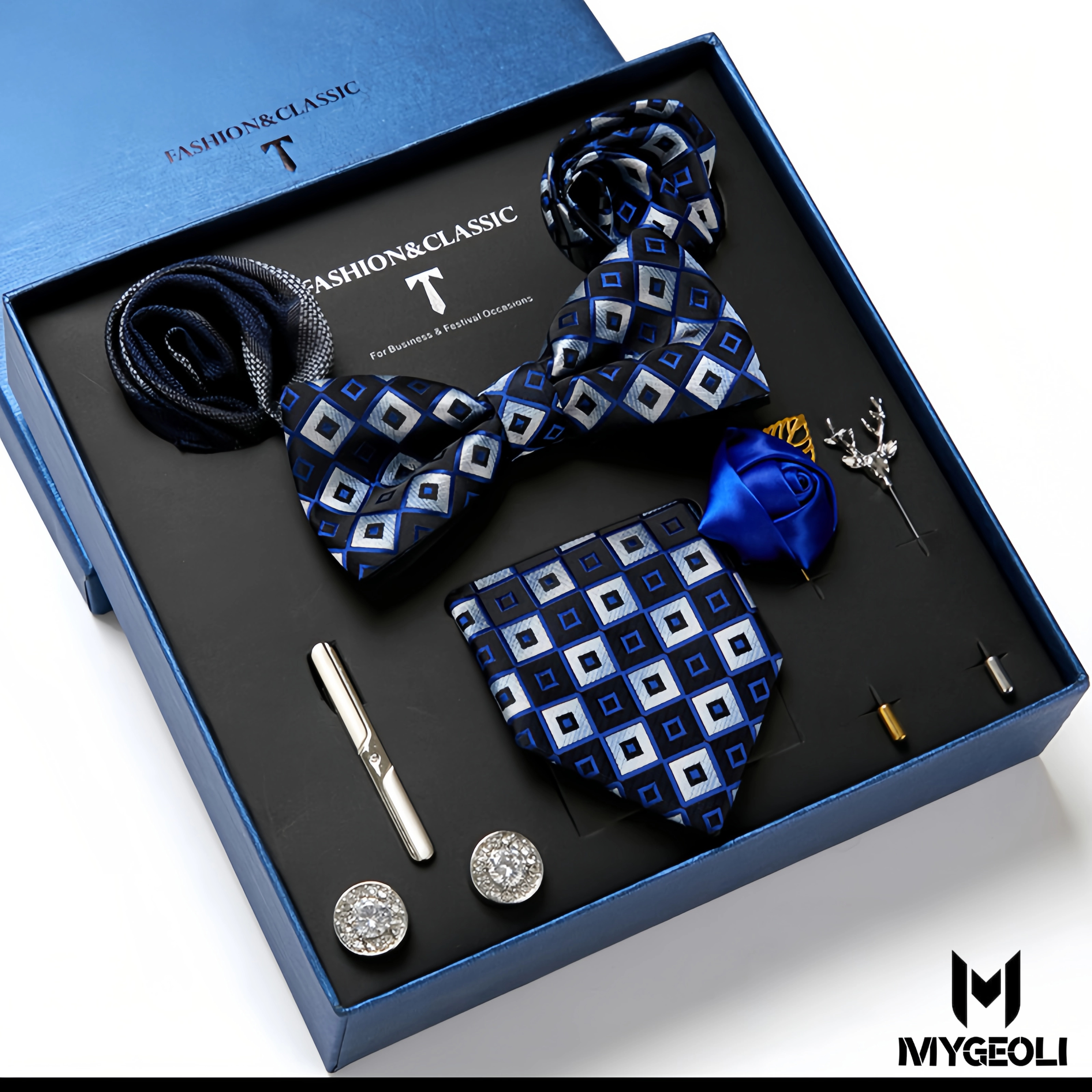 De moda ejecutivo tie and square scarf set (1 tie, 1 bow tie, 2 square scarf, 1 pair of cufflinks, 1 tie clip, 2 brooches, blue gift box)