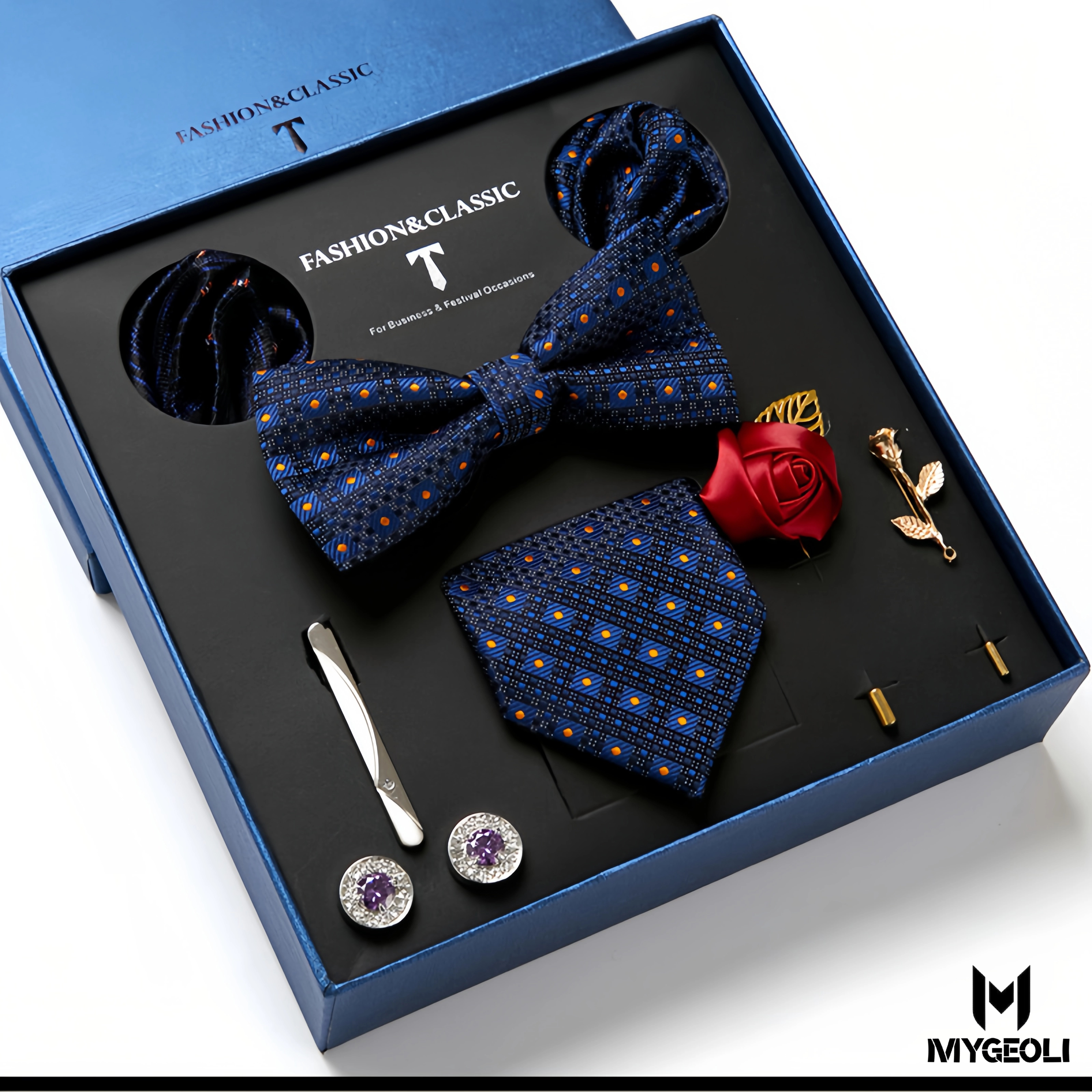De moda ejecutivo tie and square scarf set (1 tie, 1 bow tie, 2 square scarf, 1 pair of cufflinks, 1 tie clip, 2 brooches, blue gift box)