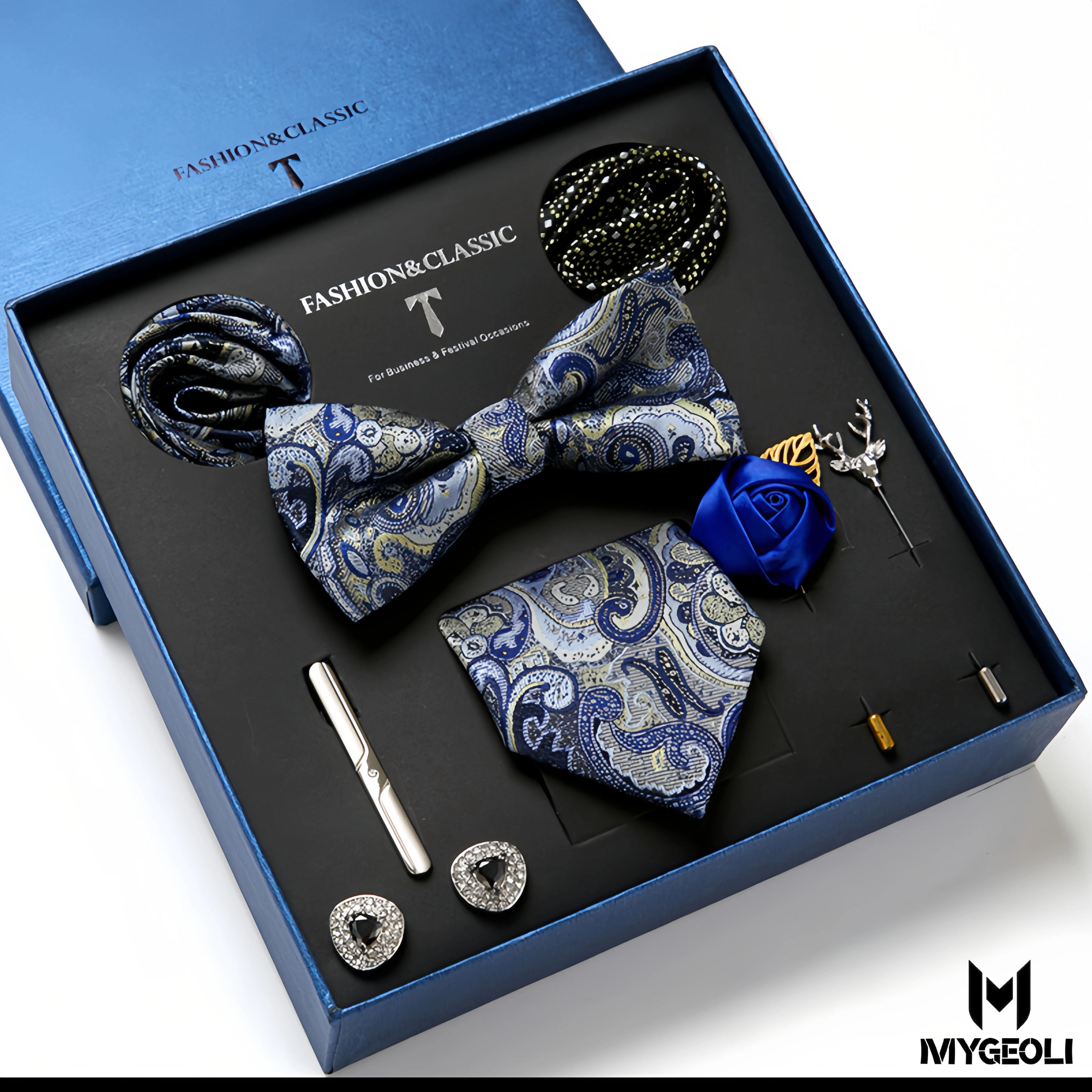 De moda ejecutivo tie and square scarf set (1 tie, 1 bow tie, 2 square scarf, 1 pair of cufflinks, 1 tie clip, 2 brooches, blue gift box)