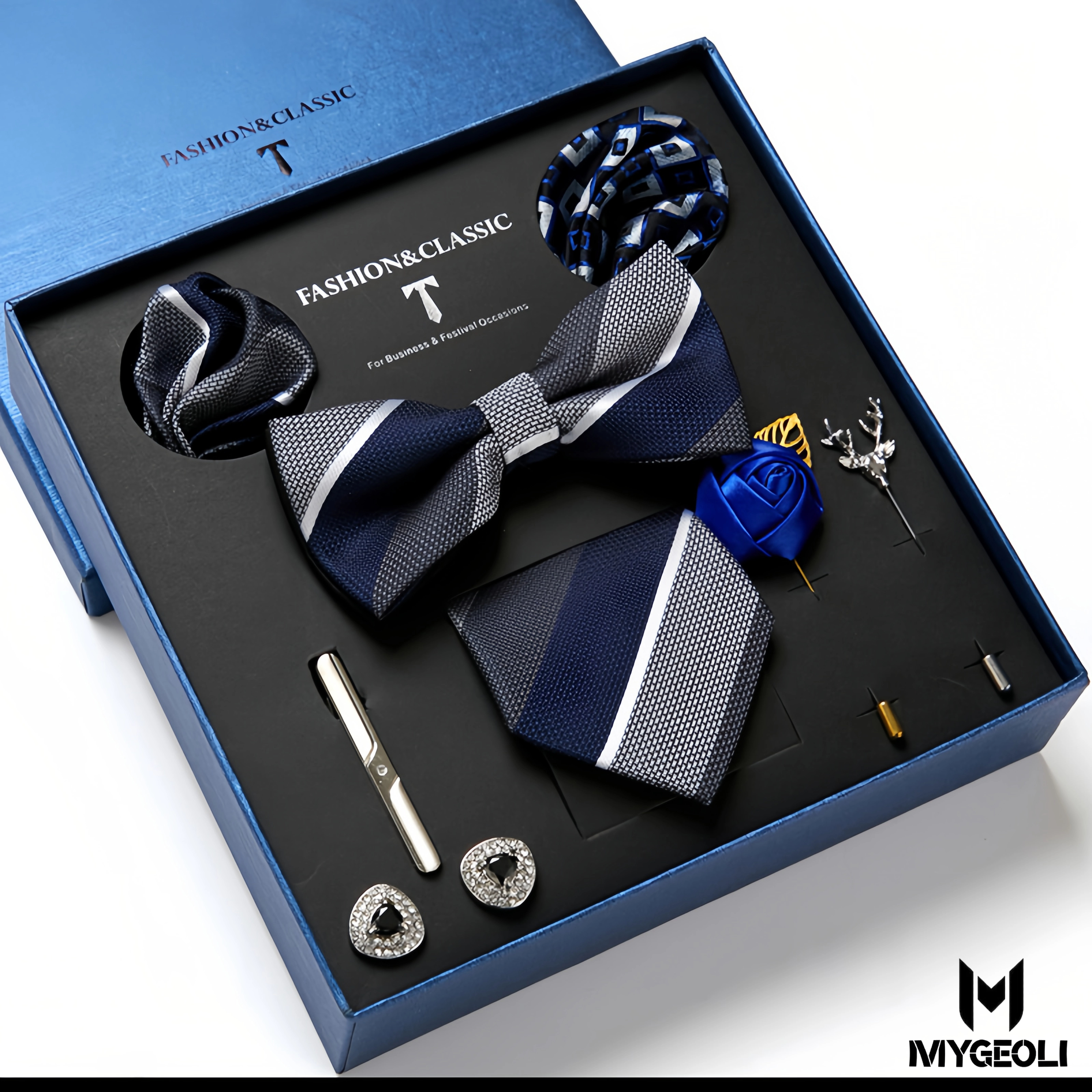 De moda ejecutivo tie and square scarf set (1 tie, 1 bow tie, 2 square scarf, 1 pair of cufflinks, 1 tie clip, 2 brooches, blue gift box)