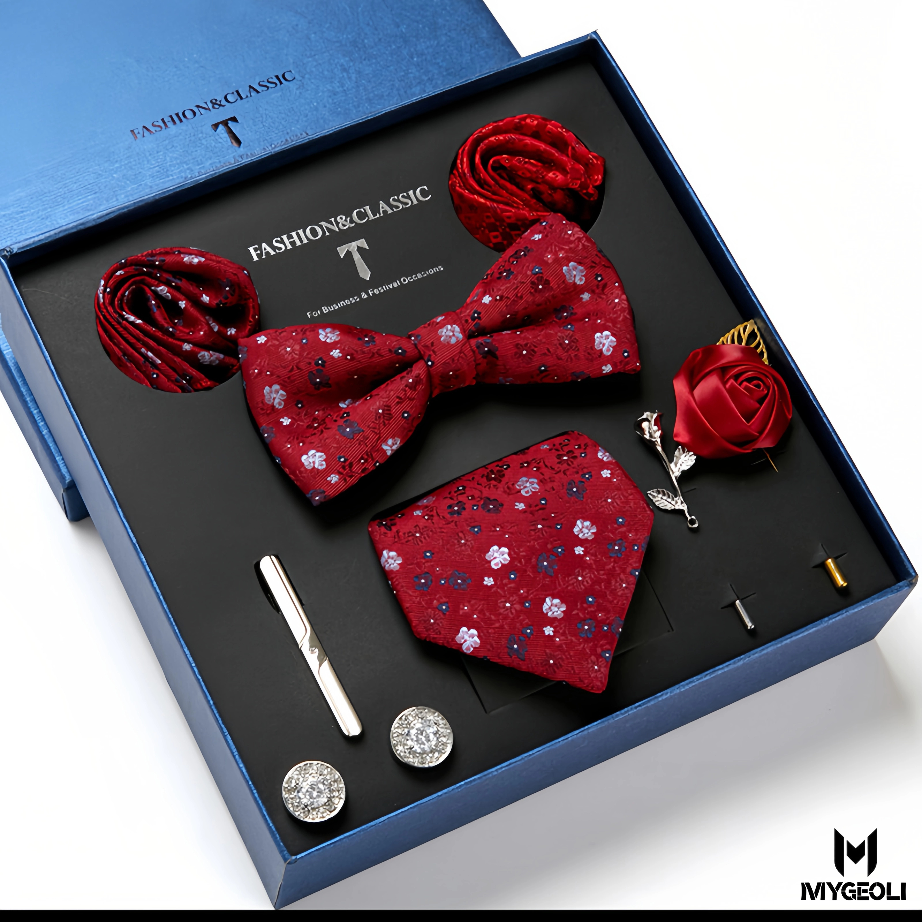 De moda ejecutivo tie and square scarf set (1 tie, 1 bow tie, 2 square scarf, 1 pair of cufflinks, 1 tie clip, 2 brooches, blue gift box)