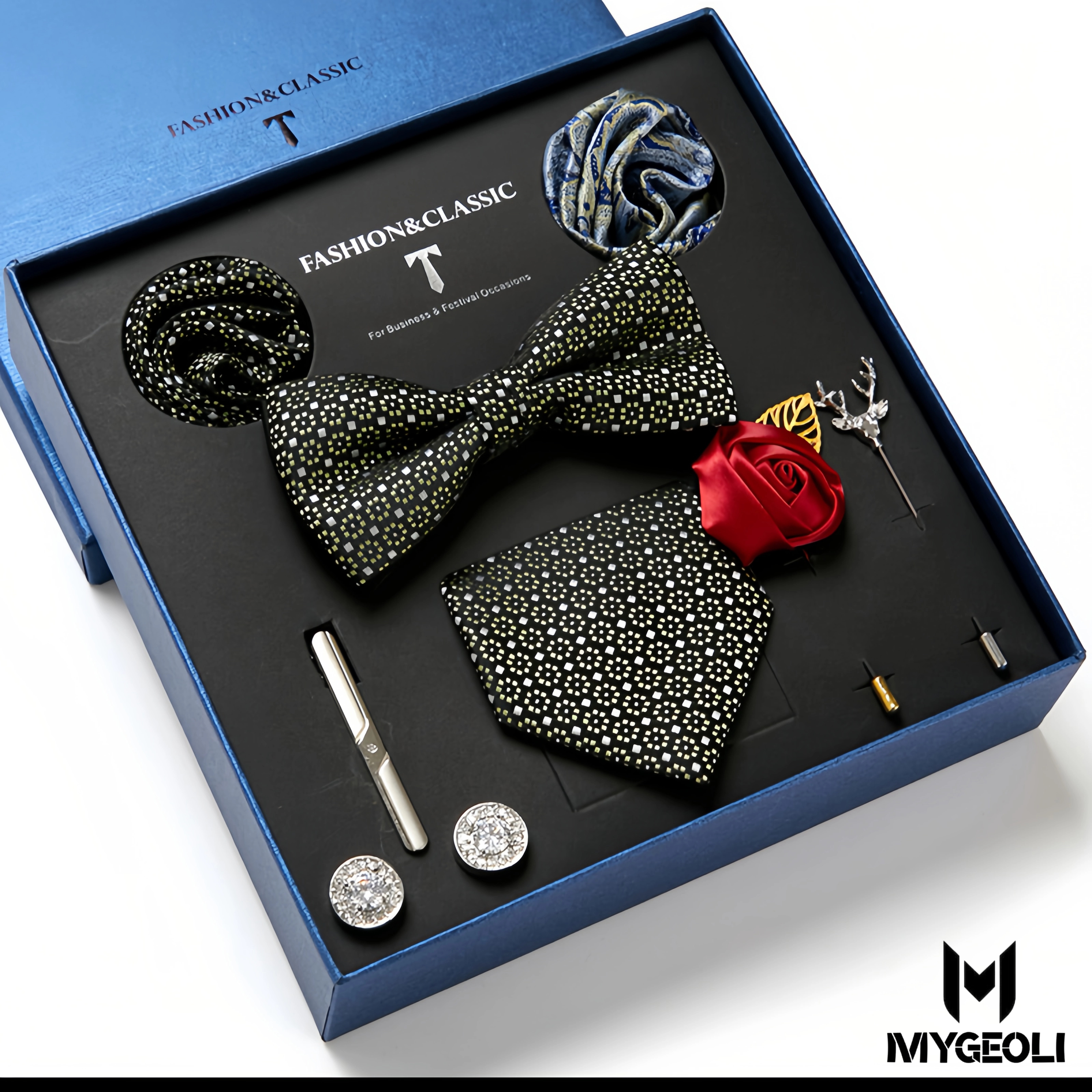 De moda ejecutivo tie and square scarf set (1 tie, 1 bow tie, 2 square scarf, 1 pair of cufflinks, 1 tie clip, 2 brooches, blue gift box)